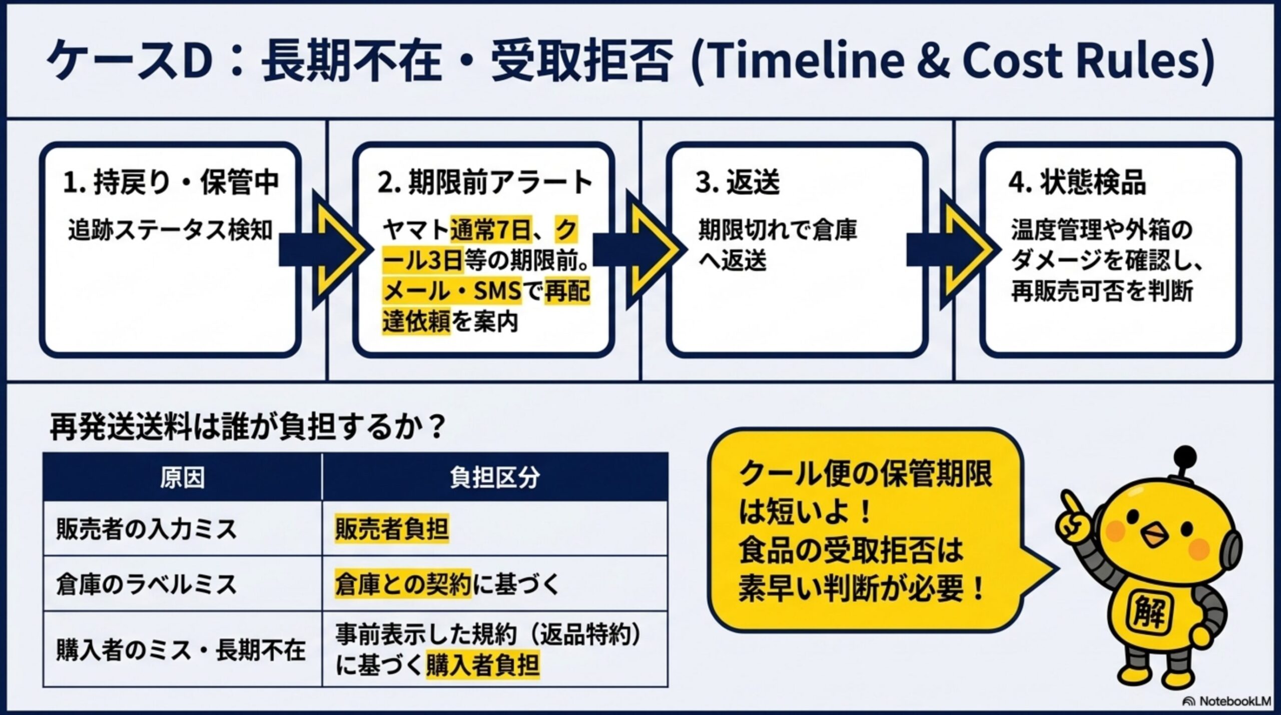 ケースD：長期不在・受取拒否(Timeline & Cost Rules)。1.持戻り・保管中(追跡ステータス検知)→2.期限前アラート(ヤマト通常7日、クール3日等の期限前。メール・SMSで再配達依頼を案内)→3.返送(期限切れで倉庫へ返送)→4.状態検品(温度管理や外箱のダメージを確認し、再販売可否を判断)。再発送送料は誰が負担するか？販売者の入力ミス→販売者負担、倉庫のラベルミス→倉庫との契約に基づく、購入者のミス・長期不在→事前表示した規約(返品特約)に基づく購入者負担。カイピヨくんの「クール便の保管期限は短いよ！食品の受取拒否は素早い判断が必要！」