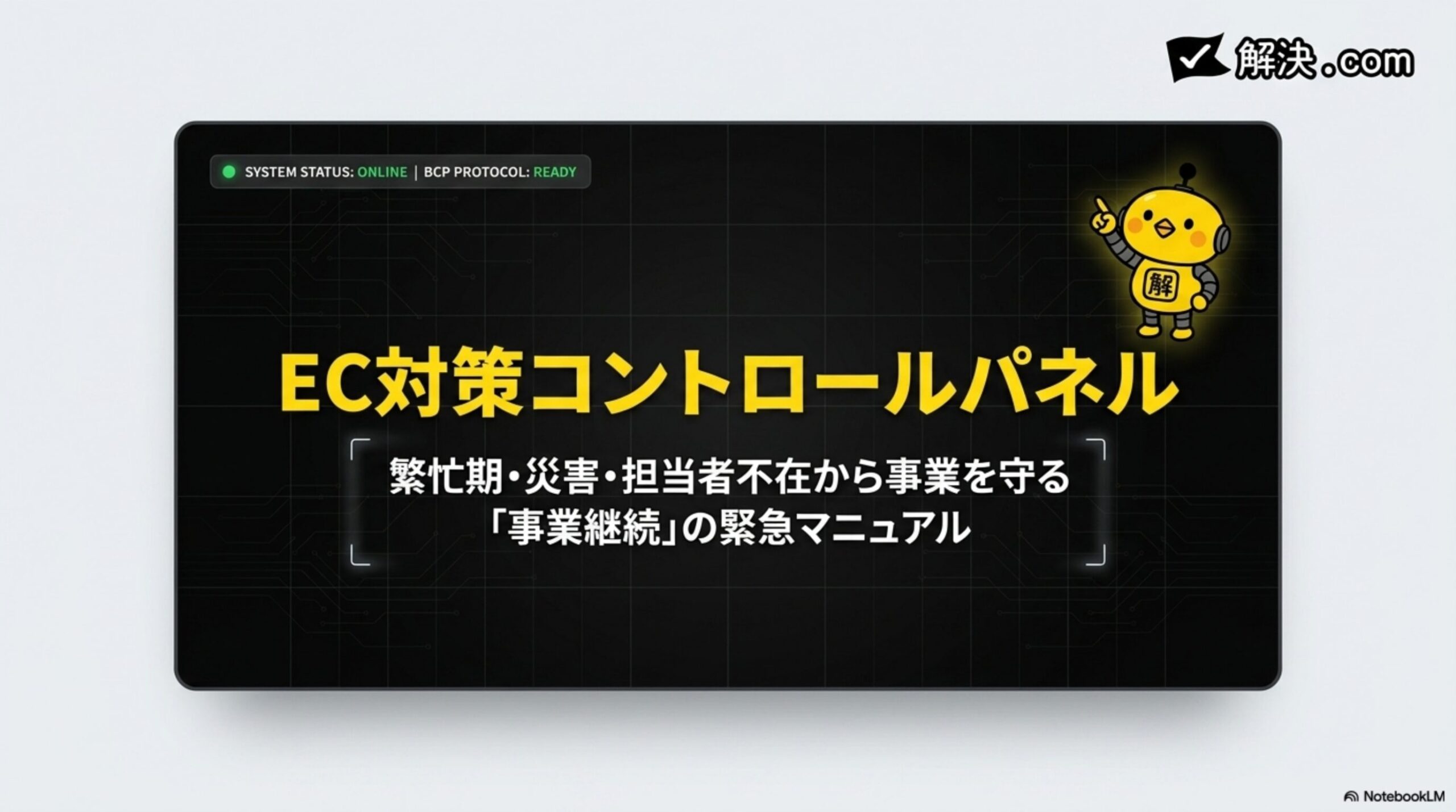 解決.com EC対策コントロールパネル。繁忙期・災害・担当者不在から事業を守る「事業継続」の緊急マニュアル。SYSTEM STATUS: ONLINE / BCP PROTOCOL: READY