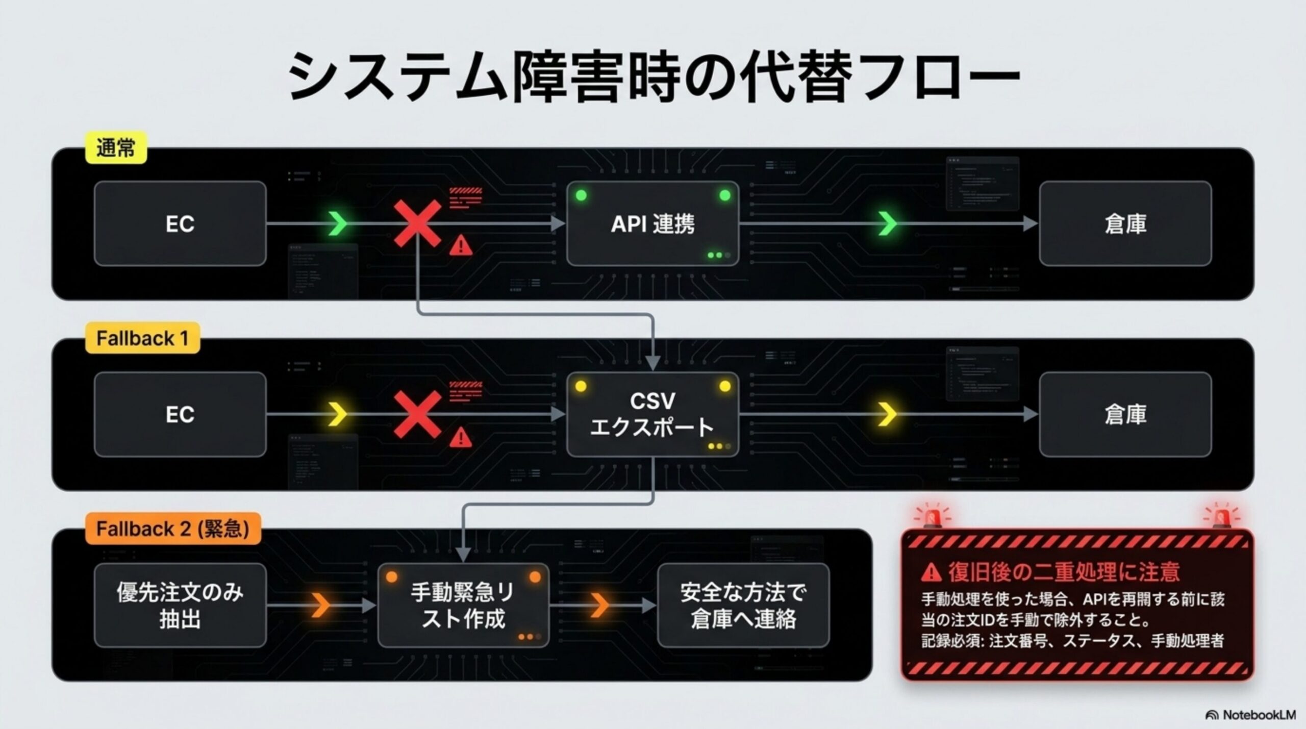 システム障害時の代替フロー。通常：EC→API連携→倉庫。Fallback1：EC→CSVエクスポート→倉庫。Fallback2(緊急)：優先注文のみ抽出→手動緊急リスト作成→安全な方法で倉庫へ連絡。警告：復旧後の二重処理に注意、手動処理を使った場合、APIを再開する前に該当の注文IDを手動で除外すること。記録必須：注文番号、ステータス、手動処理者