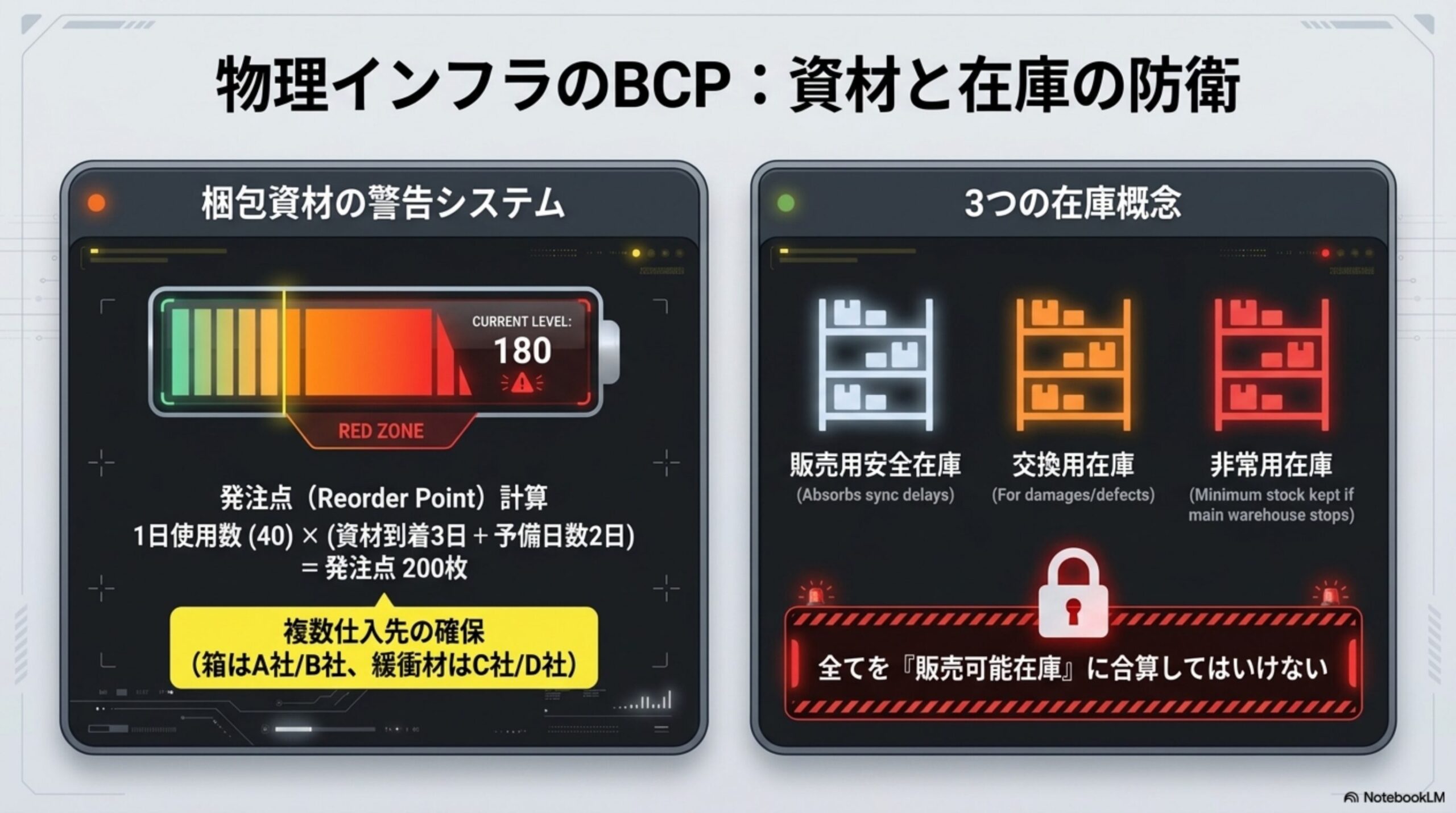 物理インフラのBCP：資材と在庫の防衛。梱包資材の警告システム：発注点(Reorder Point)計算＝1日使用数(40)×(資材到着3日+予備日数2日)＝発注点200枚。複数仕入先の確保(箱はA社/B社、緩衝材はC社/D社)。3つの在庫概念：販売用安全在庫(Absorbs sync delays)、交換用在庫(For damages/defects)、非常用在庫(Minimum stock kept if main warehouse stops)。全てを『販売可能在庫』に合算してはいけない