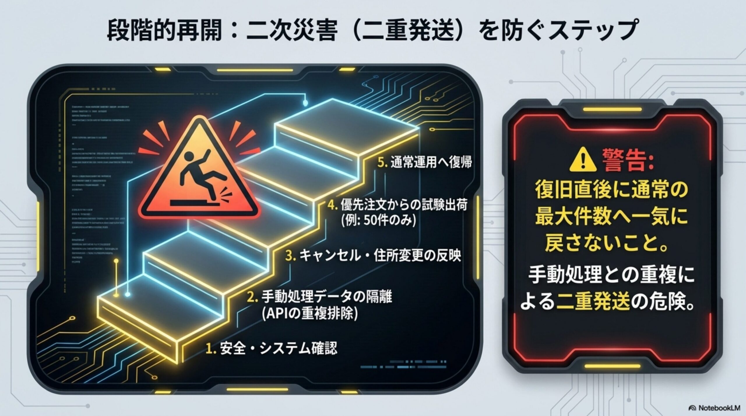 段階的再開：二次災害(二重発送)を防ぐステップ。1.安全・システム確認 2.手動処理データの隔離(APIの重複排除) 3.キャンセル・住所変更の反映 4.優先注文からの試験出荷(例：50件のみ) 5.通常運用へ復帰。警告：復旧直後に通常の最大件数へ一気に戻さないこと。手動処理との重複による二重発送の危険