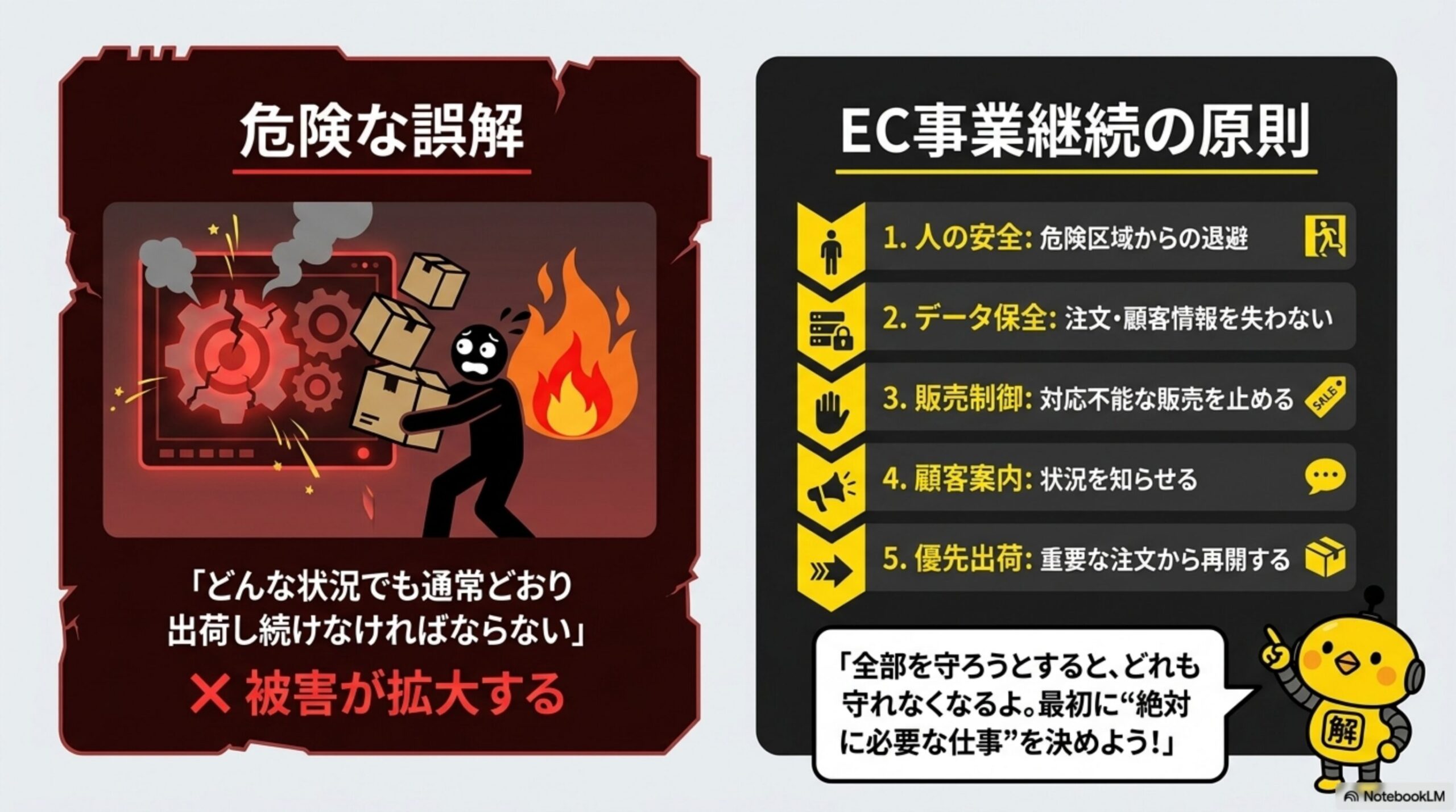 危険な誤解：「どんな状況でも通常どおり出荷し続けなければならない」→被害が拡大する。EC事業継続の原則：1.人の安全(危険区域からの退避) 2.データ保全(注文・顧客情報を失わない) 3.販売制御(対応不能な販売を止める) 4.顧客案内(状況を知らせる) 5.優先出荷(重要な注文から再開する)