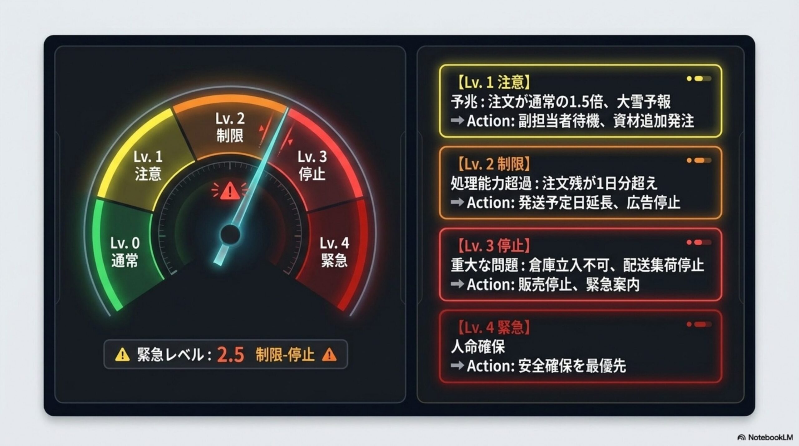 Lv.0通常〜Lv.4緊急のゲージ。Lv.1注意：予兆は注文が通常の1.5倍・大雪予報、Action は副担当者待機・資材追加発注。Lv.2制限：処理能力超過は注文残が1日分超え、Actionは発送予定日延長・広告停止。Lv.3停止：重大な問題は倉庫立入不可・配送集荷停止、Actionは販売停止・緊急案内。Lv.4緊急：人命確保、Actionは安全確保を最優先。緊急レベル：2.5 制限-停止