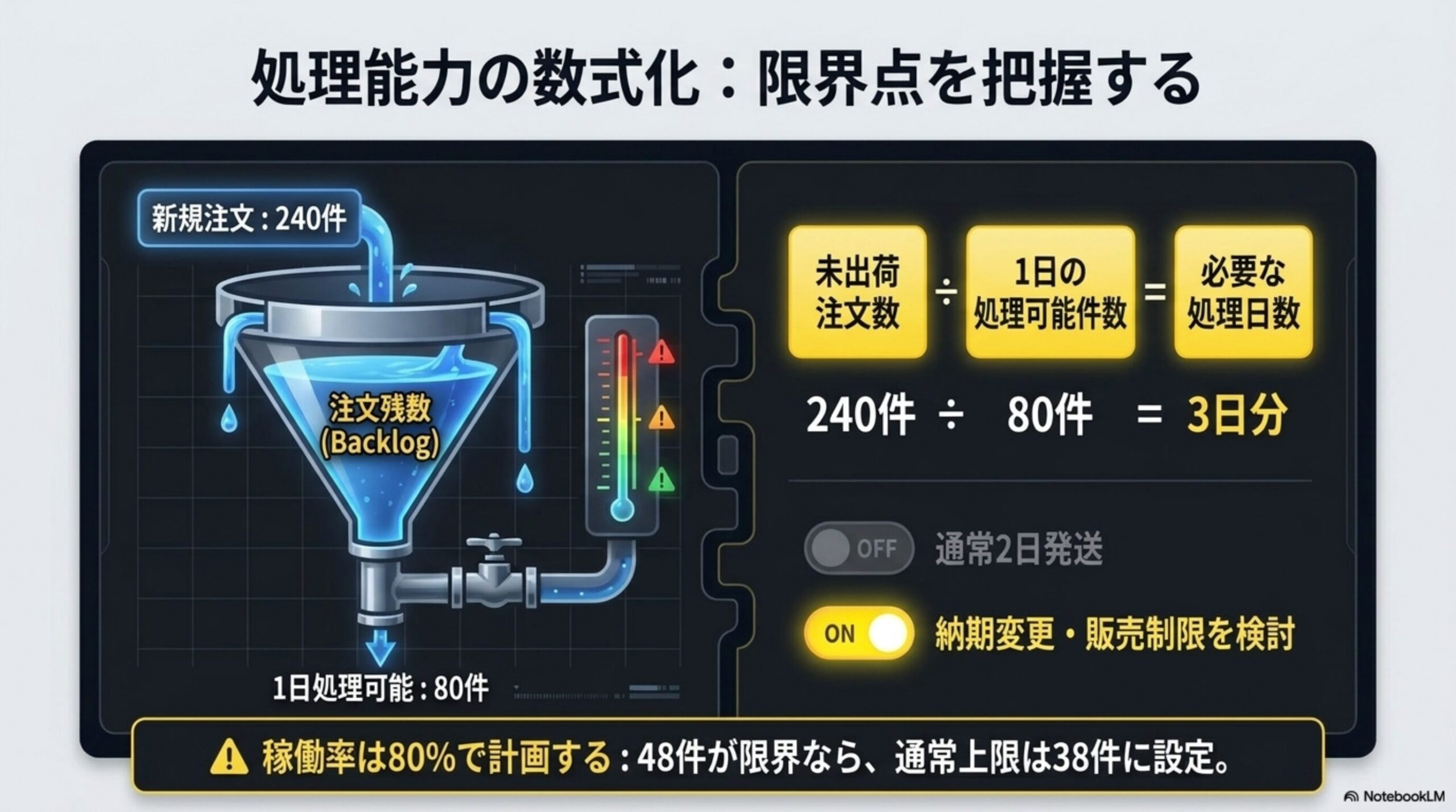 処理能力の数式化：限界点を把握する。未出荷注文数÷1日の処理可能件数＝必要な処理日数。例：240件÷80件＝3日分。通常2日発送の場合はOFFではなく、納期変更・販売制限を検討するONへ切り替える。稼働率は80%で計画する：48件が限界なら、通常上限は38件に設定