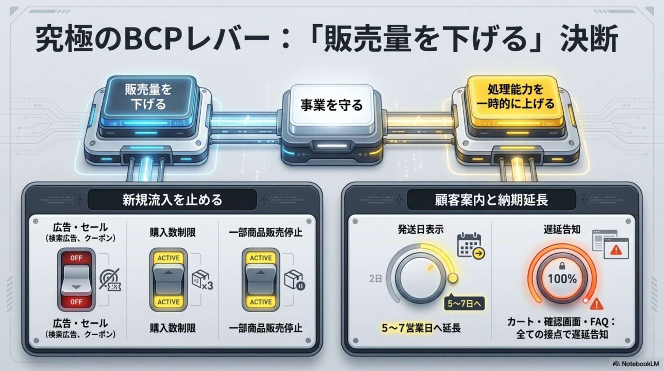 究極のBCPレバー：「販売量を下げる」決断。新規流入を止める：広告・セール(検索広告、クーポン)OFF、購入数制限ACTIVE、一部商品販売停止ACTIVE。顧客案内と納期延長：発送日表示を2日から5〜7日へ延長、遅延告知100%(カート・確認画面・FAQ：全ての接点で遅延告知)