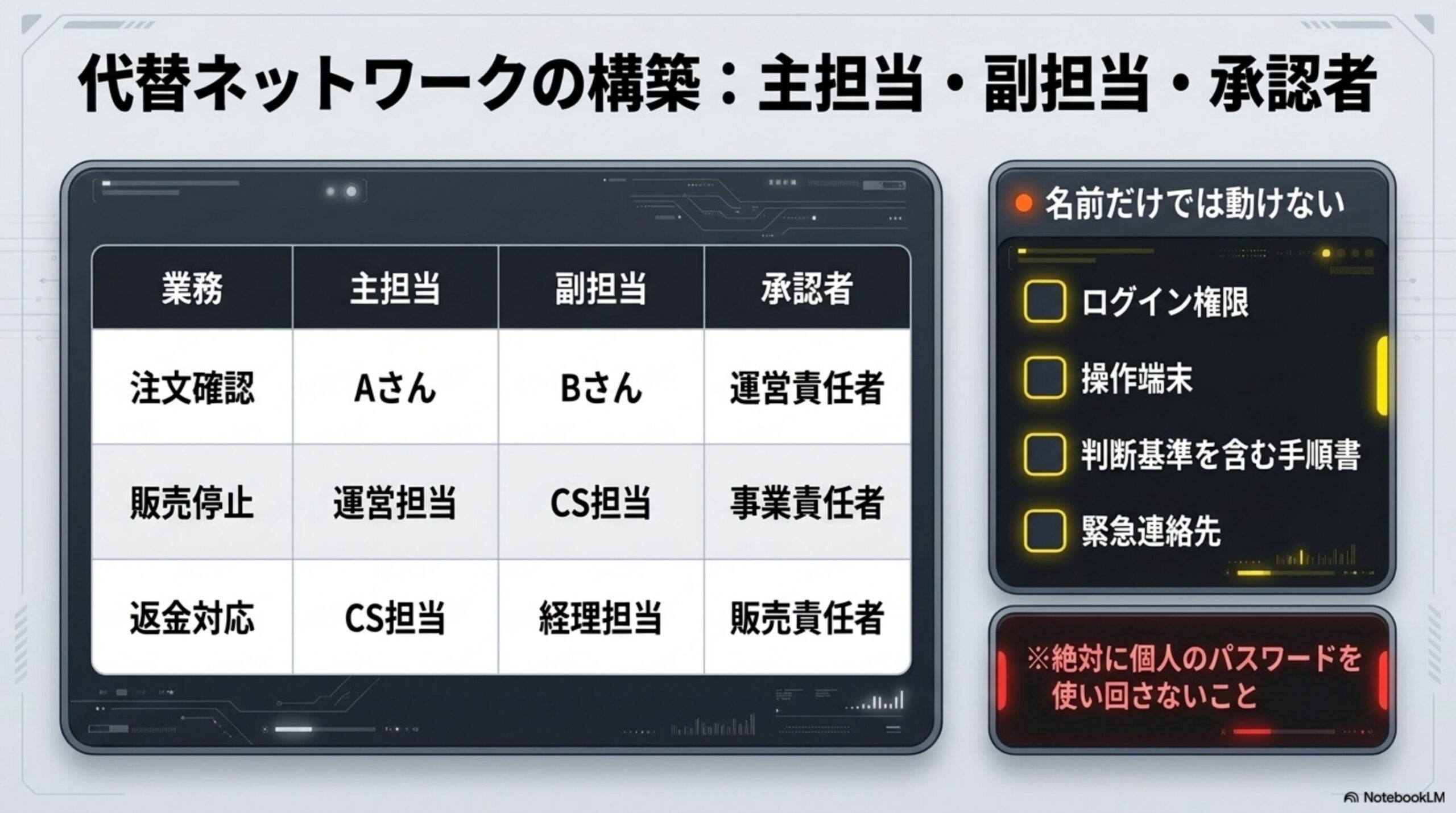 代替ネットワークの構築：主担当・副担当・承認者。業務ごとの表：注文確認(主担当Aさん・副担当Bさん・承認者運営責任者)、販売停止(運営担当・CS担当・事業責任者)、返金対応(CS担当・経理担当・販売責任者)。名前だけでは動けない：ログイン権限、操作端末、判断基準を含む手順書、緊急連絡先のチェックリスト。絶対に個人のパスワードを使い回さないこと