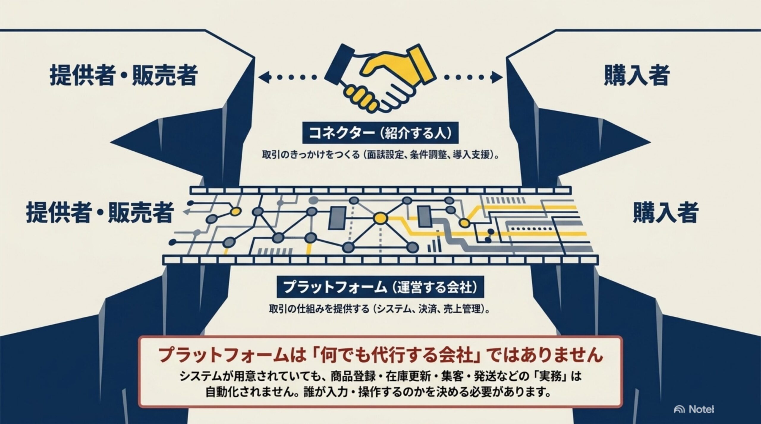 紹介する人（コネクター）と、取引の仕組みを提供するプラットフォーム（運営する会社）の関係図
