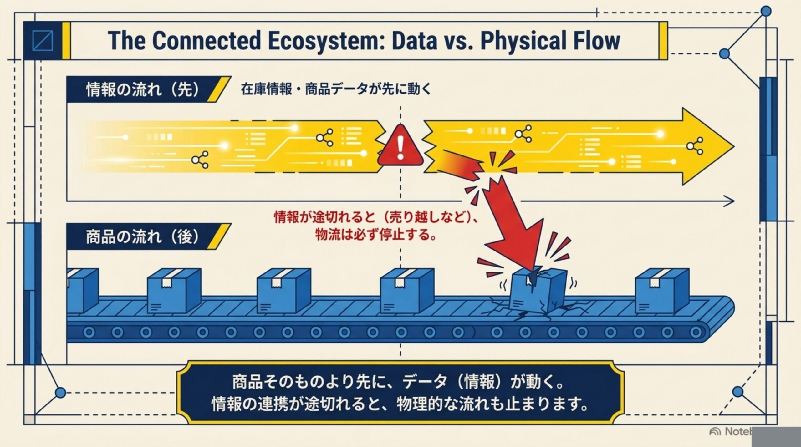 情報の流れが商品そのものより先に動き、情報が途切れると物流が止まることを示す図