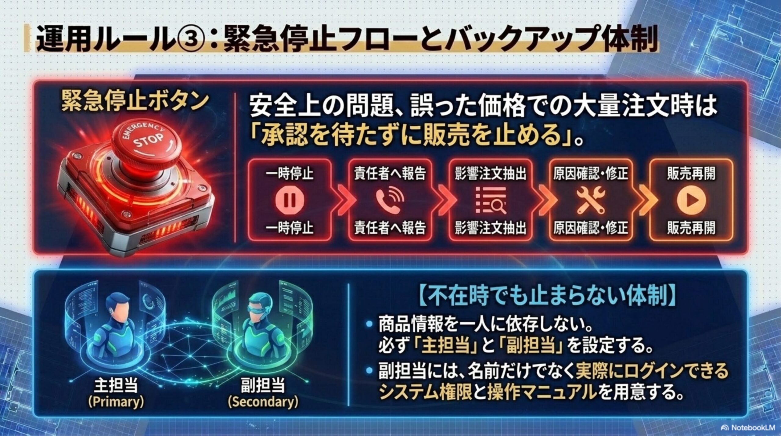 運用ルール③：緊急停止フローとバックアップ体制。緊急停止ボタン：安全上の問題、誤った価格での大量注文時は承認を待たずに販売を止める、一時停止→責任者へ報告→影響注文抽出→原因確認・修正→販売再開。不在時でも止まらない体制：商品情報を一人に依存せず必ず主担当(Primary)と副担当(Secondary)を設定する、副担当には名前だけでなく実際にログインできるシステム権限と操作マニュアルを用意する