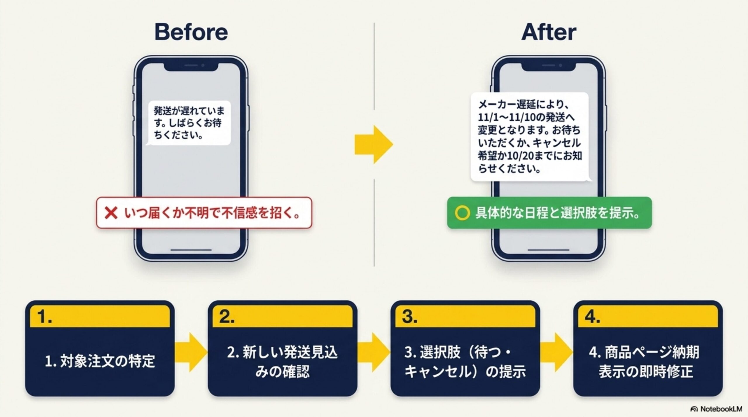 遅延連絡のBefore/After。Beforeは「発送が遅れています。しばらくお待ちください」でいつ届くか不明で不信感を招く。Afterは「メーカー遅延により、11/1〜11/10の発送へ変更となります。お待ちいただくか、キャンセル希望か10/20までにお知らせください」と具体的な日程と選択肢を提示。対応の4ステップ：1対象注文の特定→2新しい発送見込みの確認→3選択肢（待つ・キャンセル）の提示→4商品ページ納期表示の即時修正