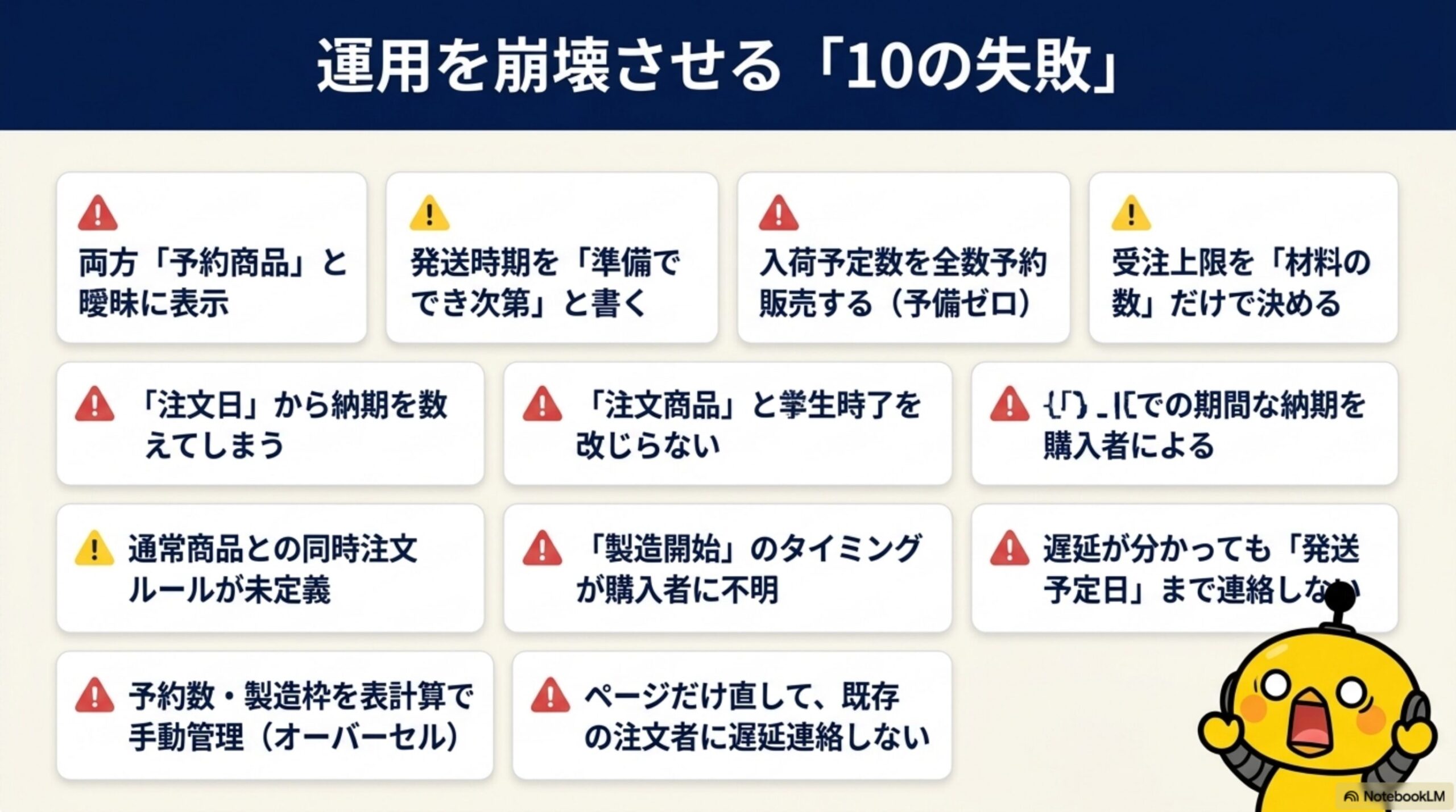運用を崩壊させる10の失敗。両方「予約商品」と曖昧に表示、発送時期を「準備でき次第」と書く、入荷予定数を全数予約販売する（予備ゼロ）、受注上限を材料の数だけで決める、注文日から納期を数えてしまう、注文商品と製造の受付を分けない、仕様確定前の期間な納期を購入者による、通常商品との同時注文ルールが未定義、製造開始のタイミングが購入者に不明、遅延が分かっても発送予定日まで連絡しない、予約数・製造枠を表計算で手動管理（オーバーセル）、ページだけ直して既存の注文者に遅延連絡しない