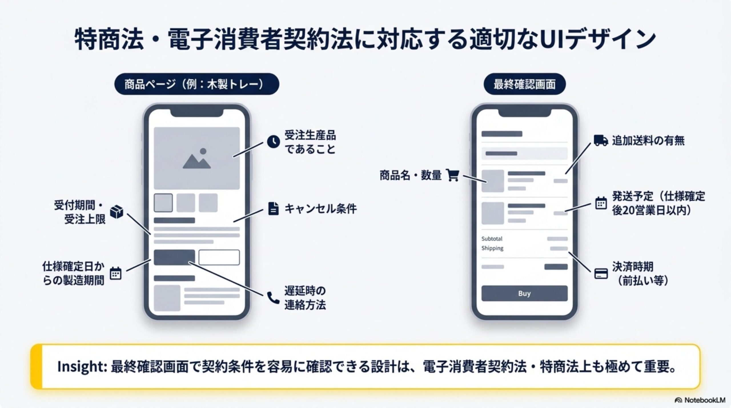 特商法・電子消費者契約法に対応する適切なUIデザイン。商品ページ（例：木製トレー）には受注生産品であること・受付期間・受注上限・仕様確定日からの製造期間・キャンセル条件・遅延時の連絡方法を表示。最終確認画面には商品名・数量・追加送料の有無・発送予定（仕様確定後20営業日以内）・決済時期（前払い等）を表示。最終確認画面で契約条件を容易に確認できる設計は電子消費者契約法・特商法上も極めて重要