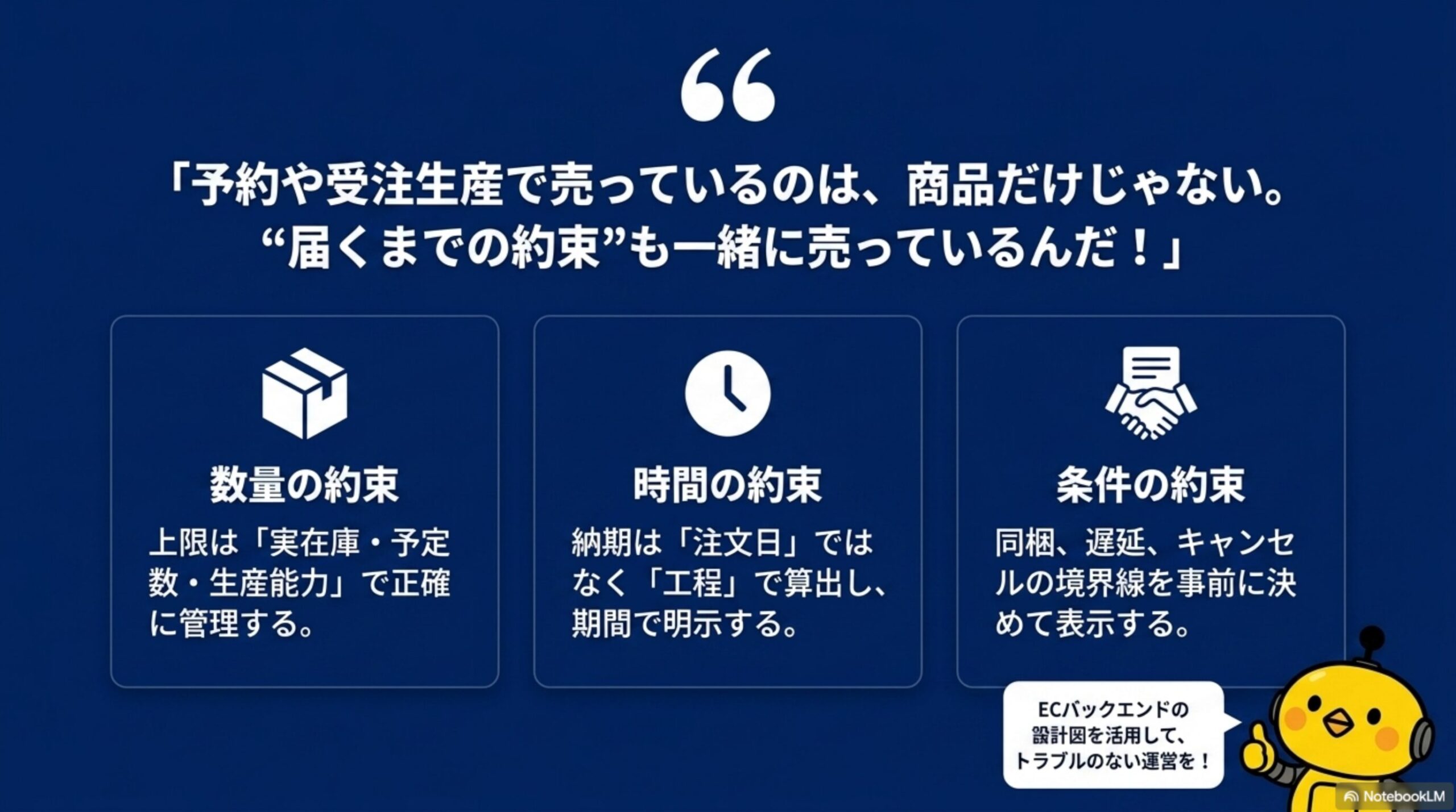 「予約や受注生産で売っているのは、商品だけじゃない。“届くまでの約束”も一緒に売っているんだ！」数量の約束（上限は実在庫・予定数・生産能力で正確に管理する）、時間の約束（納期は注文日ではなく工程で算出し、期間で明示する）、条件の約束（同梱、遅延、キャンセルの境界線を事前に決めて表示する）