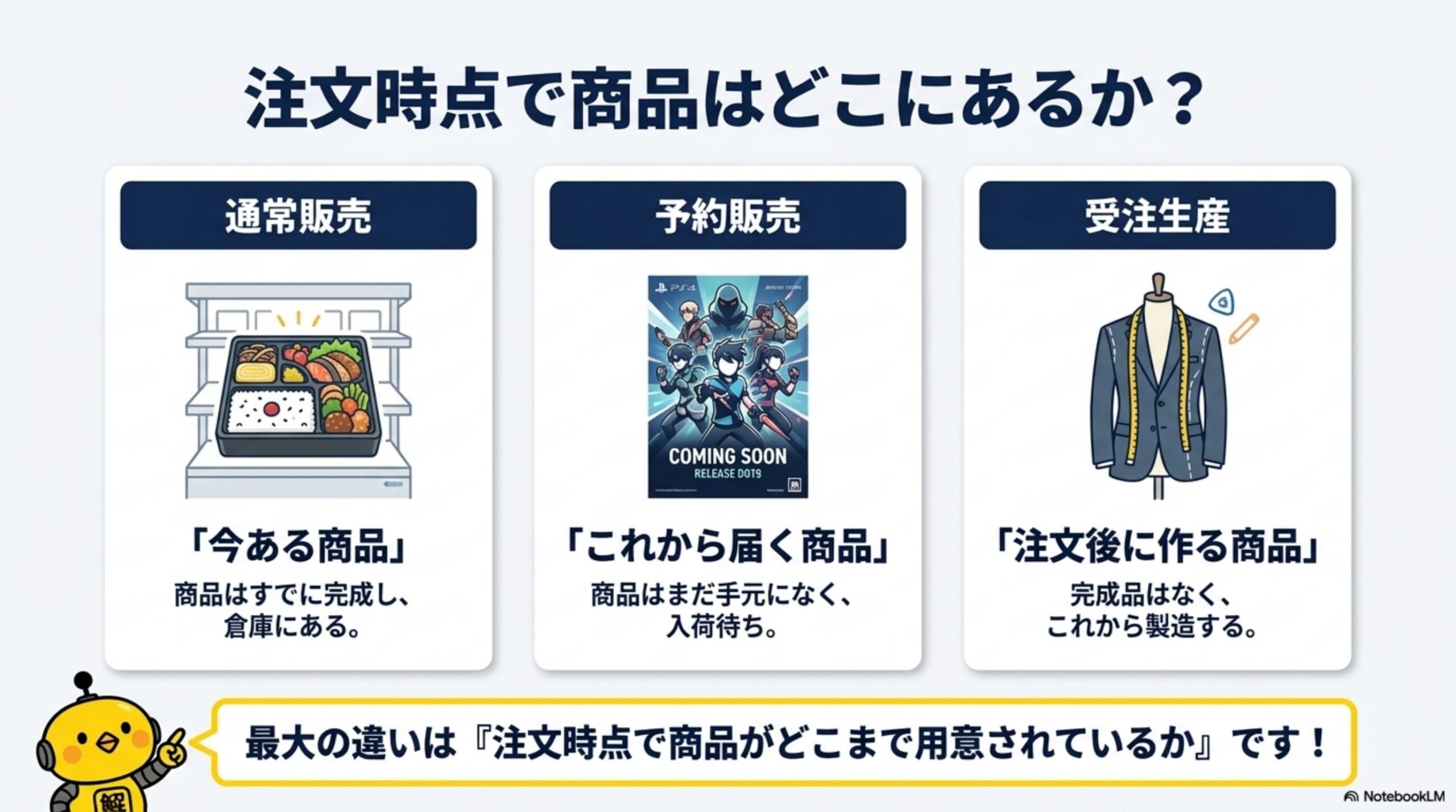 注文時点で商品はどこにあるか？通常販売は「今ある商品」（商品はすでに完成し、倉庫にある）、予約販売は「これから届く商品」（商品はまだ手元になく、入荷待ち）、受注生産は「注文後に作る商品」（完成品はなく、これから製造する）。最大の違いは注文時点で商品がどこまで用意されているか