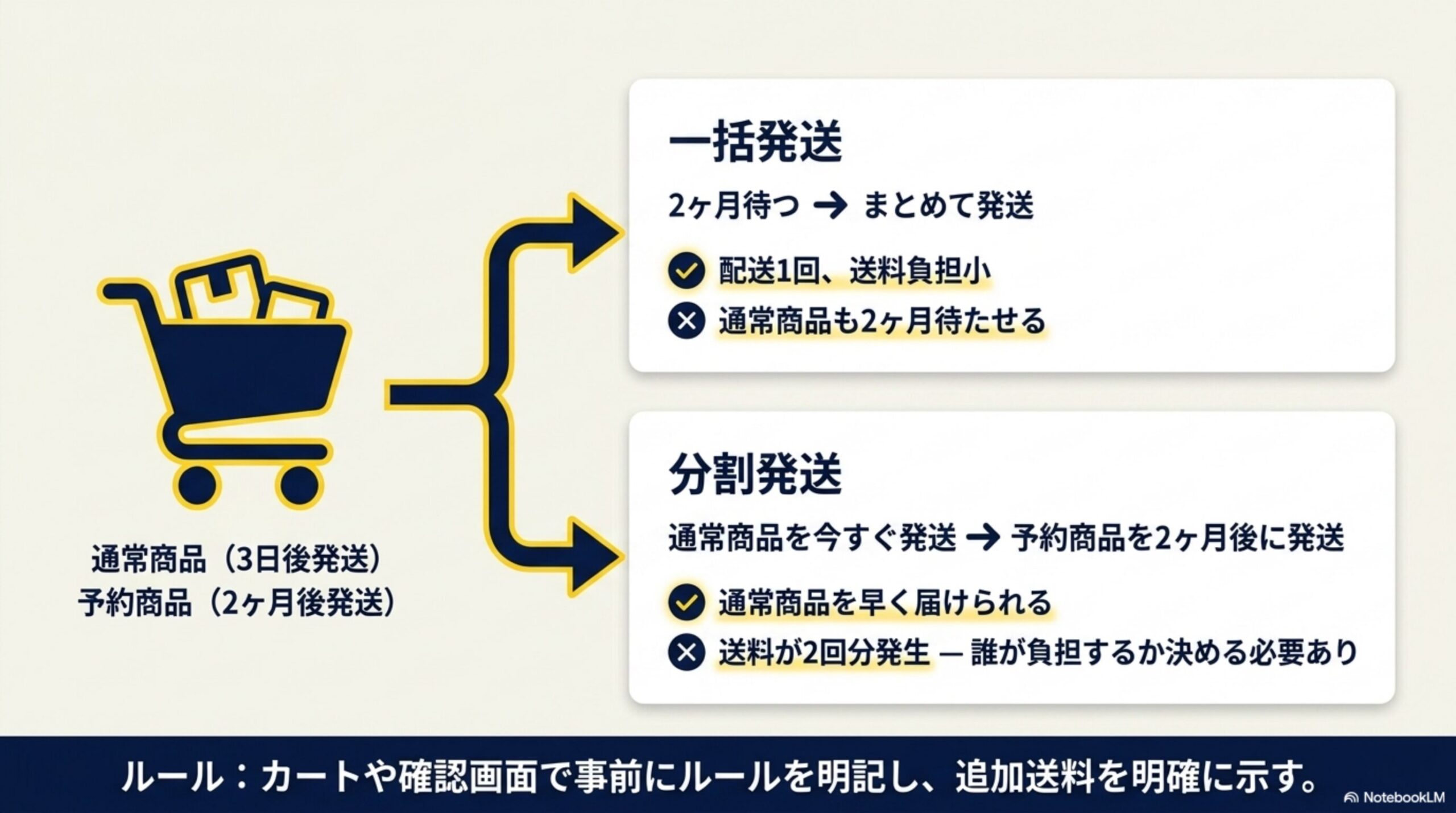 通常商品（3日後発送）と予約商品（2ヶ月後発送）をカートに入れた場合の分岐。一括発送：2ヶ月待つ→まとめて発送（配送1回、送料負担小／通常商品も2ヶ月待たせる）。分割発送：通常商品を今すぐ発送→予約商品を2ヶ月後に発送（通常商品を早く届けられる／送料が2回分発生し誰が負担するか決める必要あり）。ルール：カートや確認画面で事前にルールを明記し、追加送料を明確に示す
