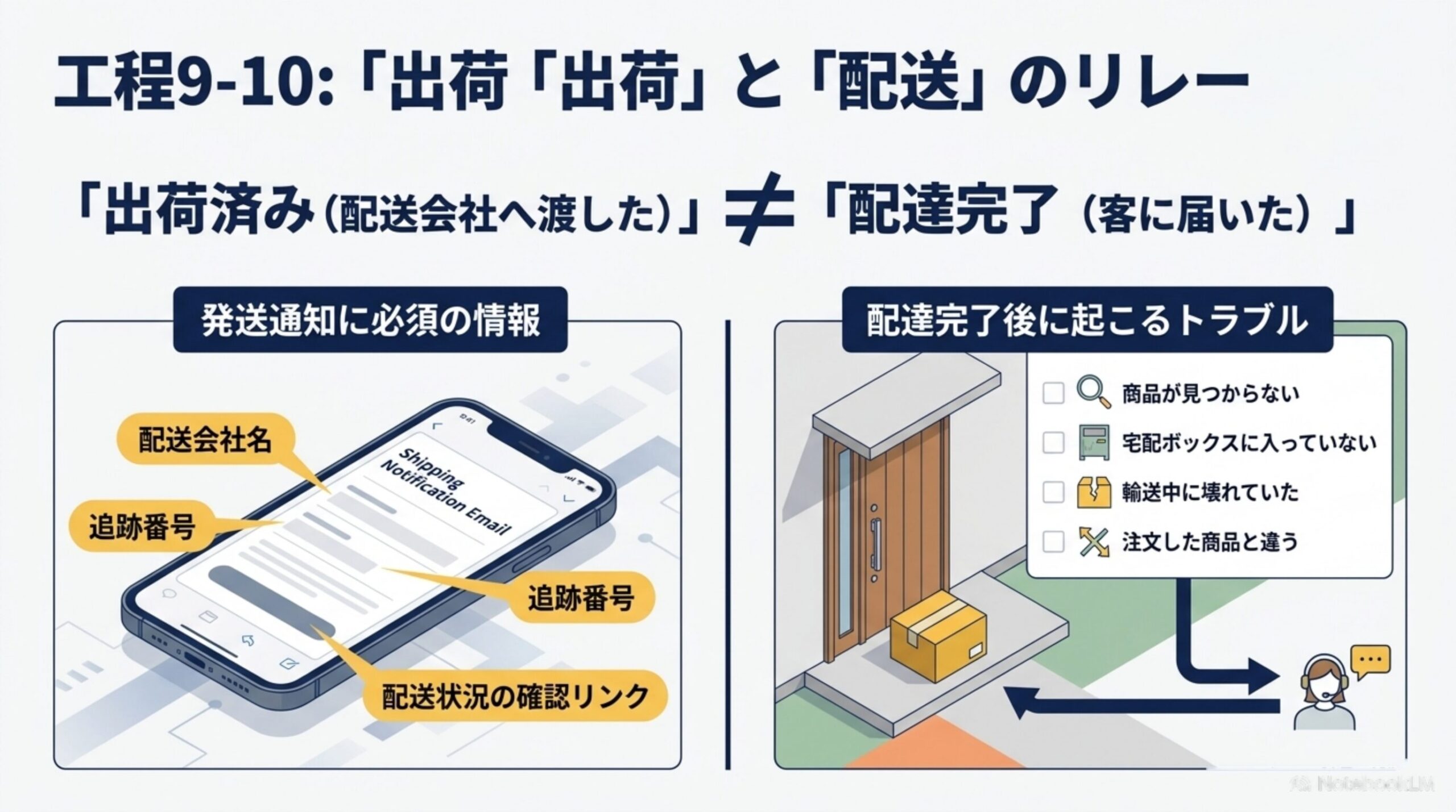 工程9-10：「出荷」と「配送」のリレー。出荷済み（配送会社へ渡した）と配達完了（客に届いた）は異なる。発送通知には配送会社名・追跡番号・配送状況の確認リンクが必須。配達完了後も商品が見つからない等のトラブルが起こりうる