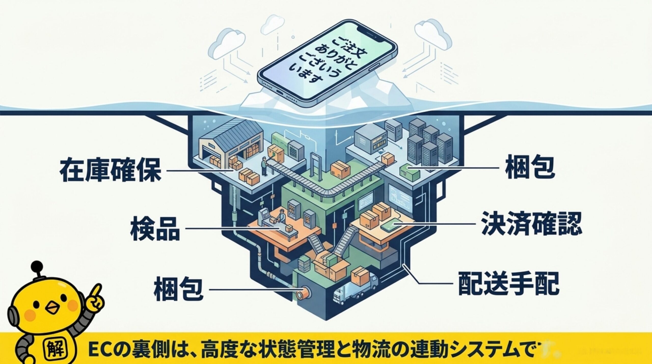 購入者に見えるのは「ご注文ありがとうございます」の画面だけ。その裏側では在庫確保・検品・梱包・決済確認・配送手配という高度な状態管理と物流の連動システムが動いている