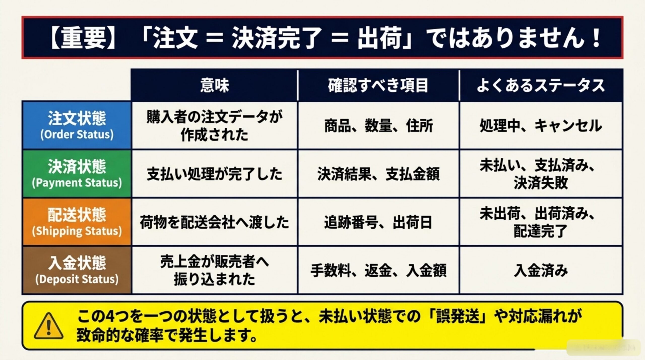 「注文＝決済完了＝出荷」ではありません。注文状態（処理中・キャンセルなど）、決済状態（未払い・支払済み・決済失敗）、配送状態（未出荷・出荷済み・配達完了）は別の状態として管理する
