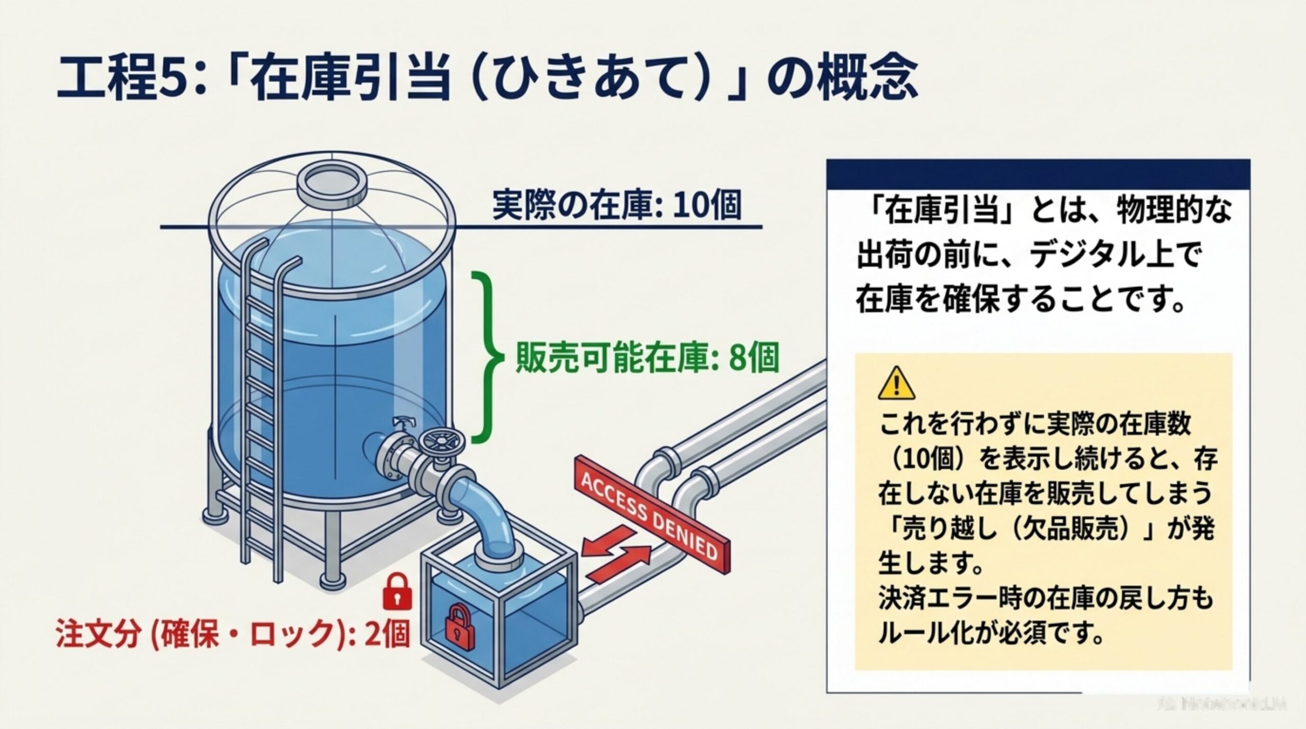 工程5：在庫引当（ひきあて）の概念。実際の在庫10個のうち注文分2個を確保・ロックし、販売可能在庫は8個になる。これを行わないと売り越し（欠品販売）が発生する
