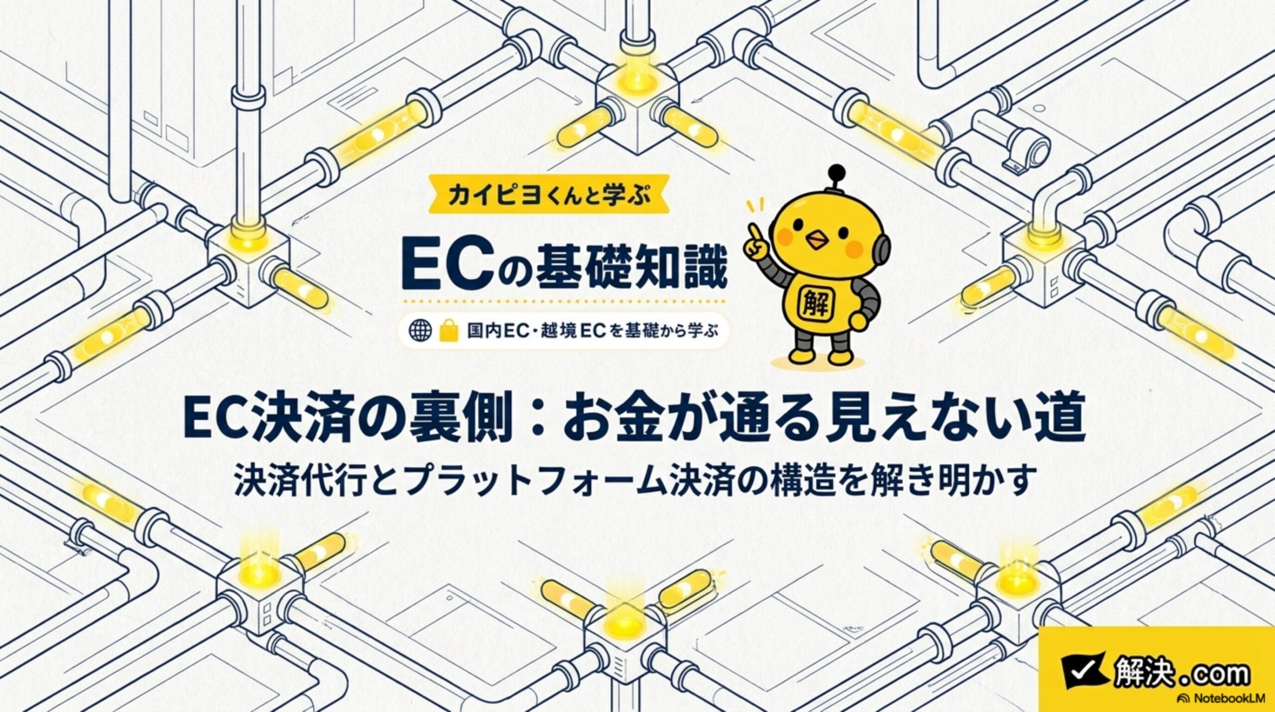 解決.com カイピヨくんと学ぶ ECの基礎知識。EC決済の裏側：お金が通る見えない道。決済代行とプラットフォーム決済の構造を解き明かす