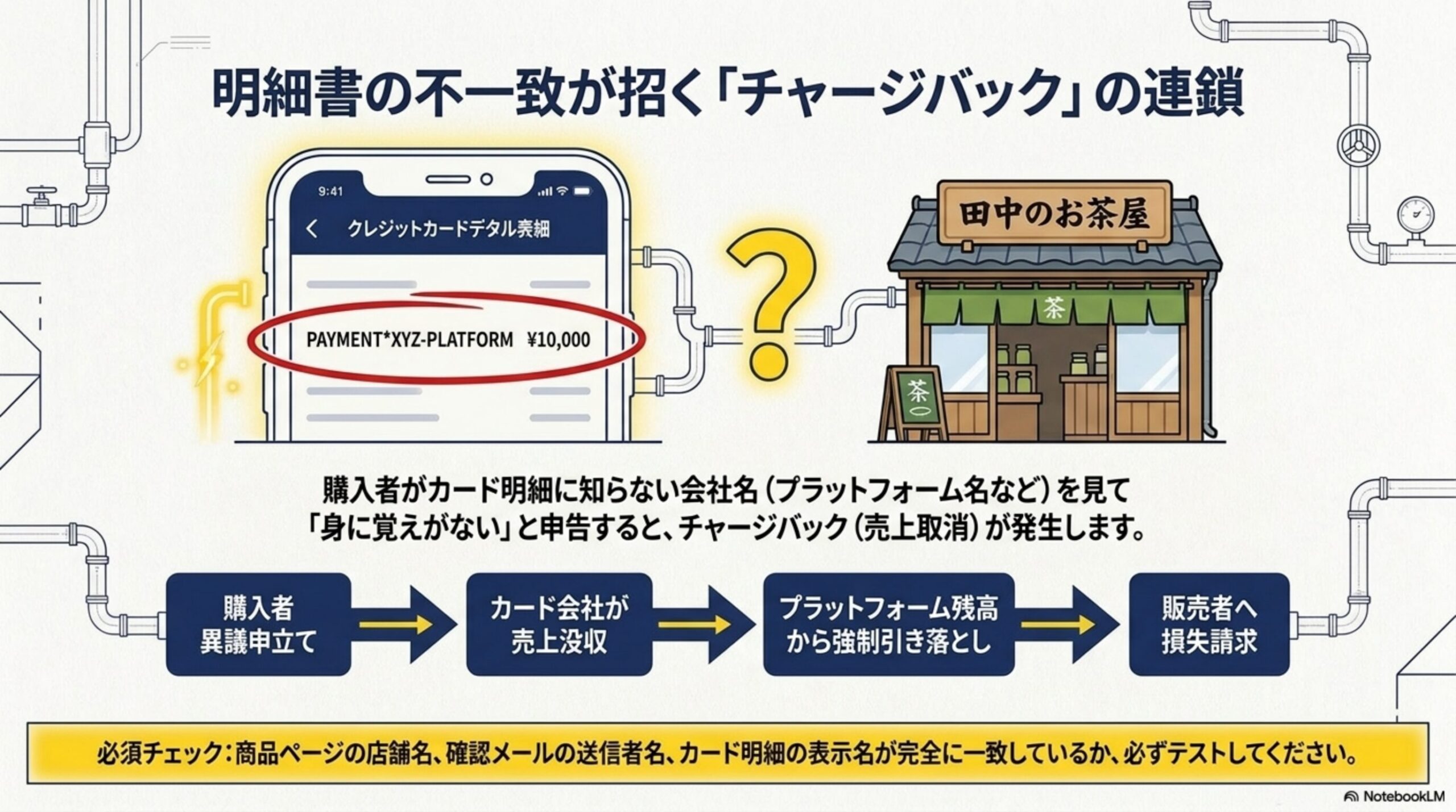 明細書の不一致が招く「チャージバック」の連鎖。カード明細に「PAYMENT*XYZ-PLATFORM ¥10,000」と表示され、田中のお茶屋で買った覚えがあっても紐づかない。購入者がカード明細に知らない会社名(プラットフォーム名など)を見て「身に覚えがない」と申告すると、チャージバック(売上取消)が発生します。購入者異議申立て→カード会社が売上没収→プラットフォーム残高から強制引き落とし→販売者へ損失請求。必須チェック：商品ページの店舗名、確認メールの送信者名、カード明細の表示名が完全に一致しているか、必ずテストしてください