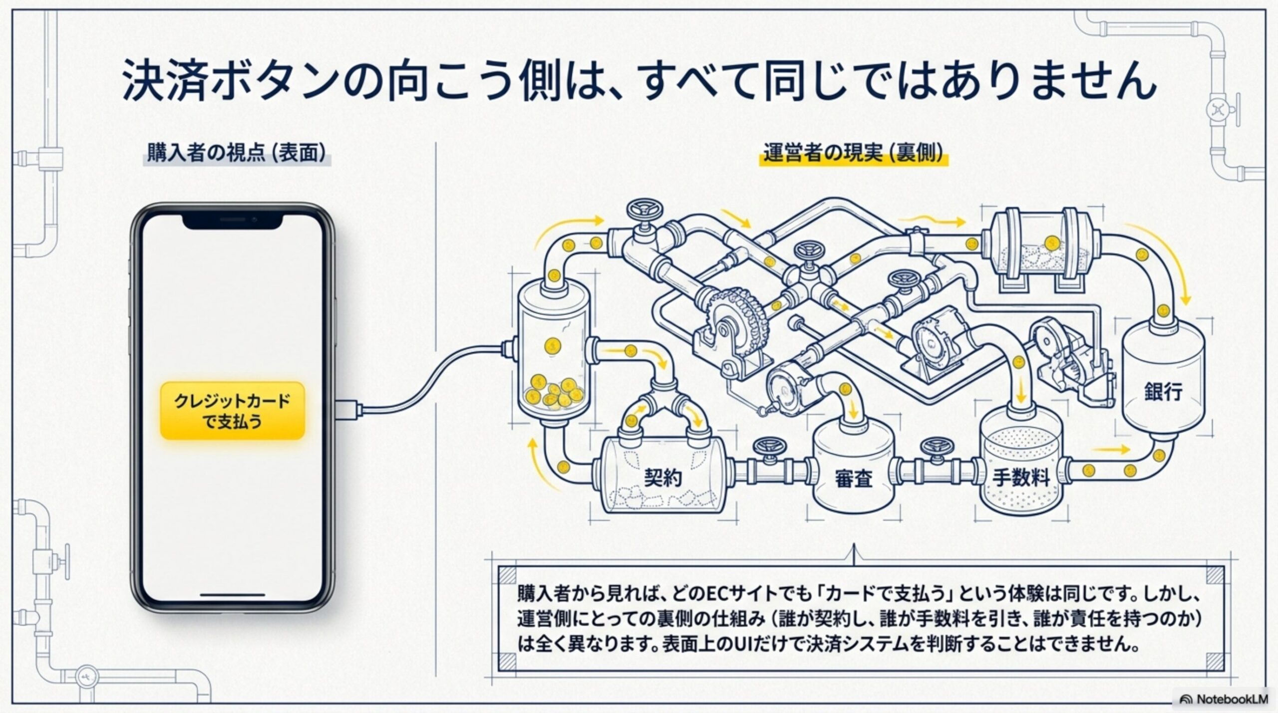 決済ボタンの向こう側は、すべて同じではありません。購入者の視点(表面)：スマートフォンで「クレジットカードで支払う」ボタンを押すだけ。運営者の現実(裏側)：契約→審査→手数料→銀行という複雑な配管を経てお金が流れる。購入者から見れば、どのECサイトでも「カードで支払う」という体験は同じです。しかし、運営側にとっての裏側の仕組み(誰が契約し、誰が手数料を引き、誰が責任を持つのか)は全く異なります。表面上のUIだけで決済システムを判断することはできません