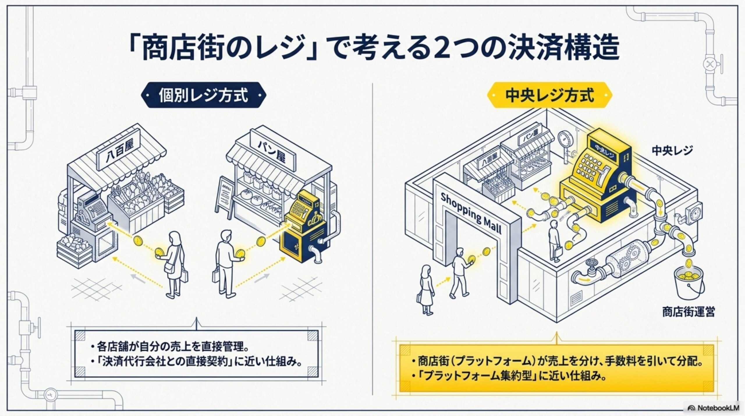 「商店街のレジ」で考える2つの決済構造。個別レジ方式：八百屋は八百屋のレジ、パン屋はパン屋のレジを使う。各店舗が自分の売上を直接管理、「決済代行会社との直接契約」に近い仕組み。中央レジ方式：Shopping Mallの中央レジで購入者がまとめて支払い、商店街(プラットフォーム)が売上を分け手数料を引いて分配、「プラットフォーム集約型」に近い仕組み