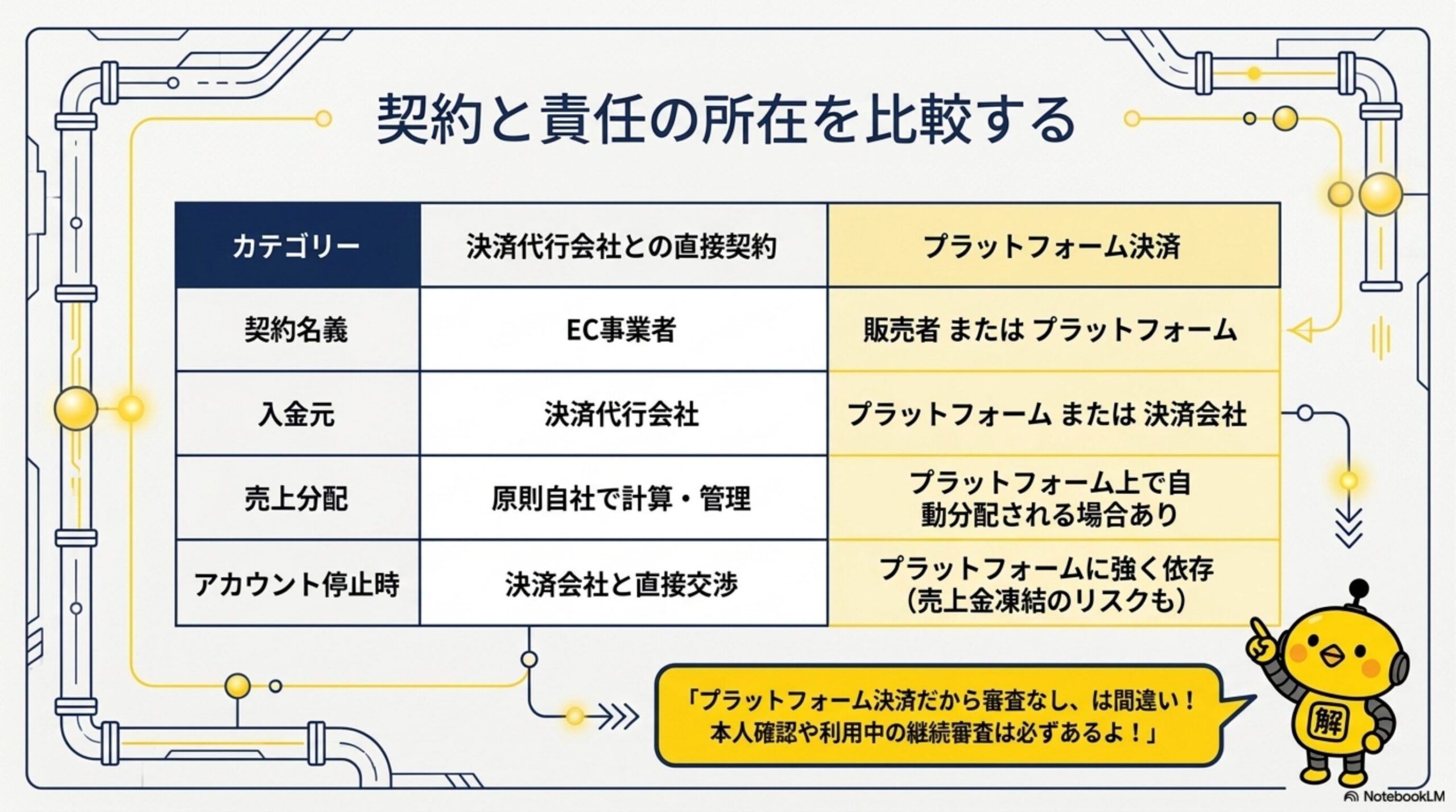 契約と責任の所在を比較する。カテゴリー：決済代行会社との直接契約 vs プラットフォーム決済。契約名義：EC事業者 vs 販売者またはプラットフォーム。入金元：決済代行会社 vs プラットフォームまたは決済会社。売上分配：原則自社で計算・管理 vs プラットフォーム上で自動分配される場合あり。アカウント停止時：決済会社と直接交渉 vs プラットフォームに強く依存(売上金凍結のリスクも)。カイピヨくんの「プラットフォーム決済だから審査なし、は間違い！本人確認や利用中の継続審査は必ずあるよ！」