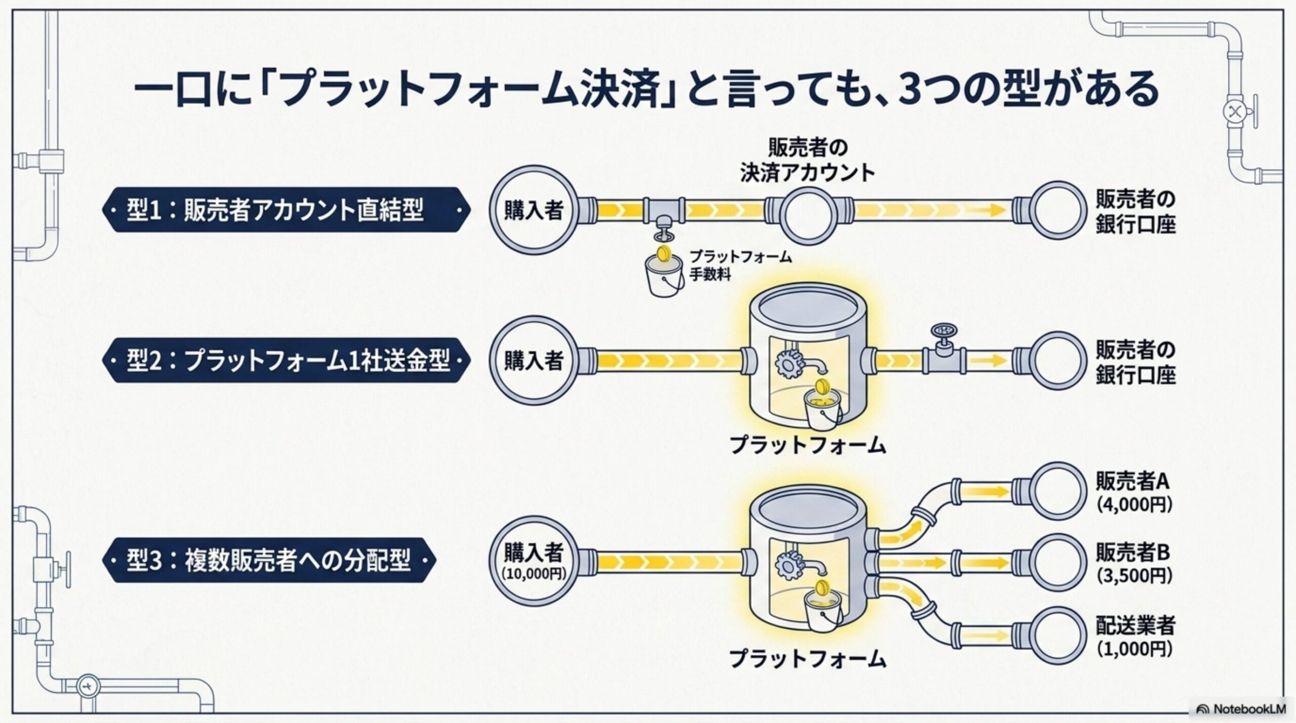 一口に「プラットフォーム決済」と言っても、3つの型がある。型1：販売者アカウント直結型(購入者→販売者の決済アカウント→販売者の銀行口座、プラットフォームは手数料のみ受け取る)。型2：プラットフォーム1社送金型(購入者→プラットフォーム→販売者の銀行口座)。型3：複数販売者への分配型(購入者10,000円→プラットフォーム→販売者A4,000円/販売者B3,500円/配送業者1,000円へ分配)