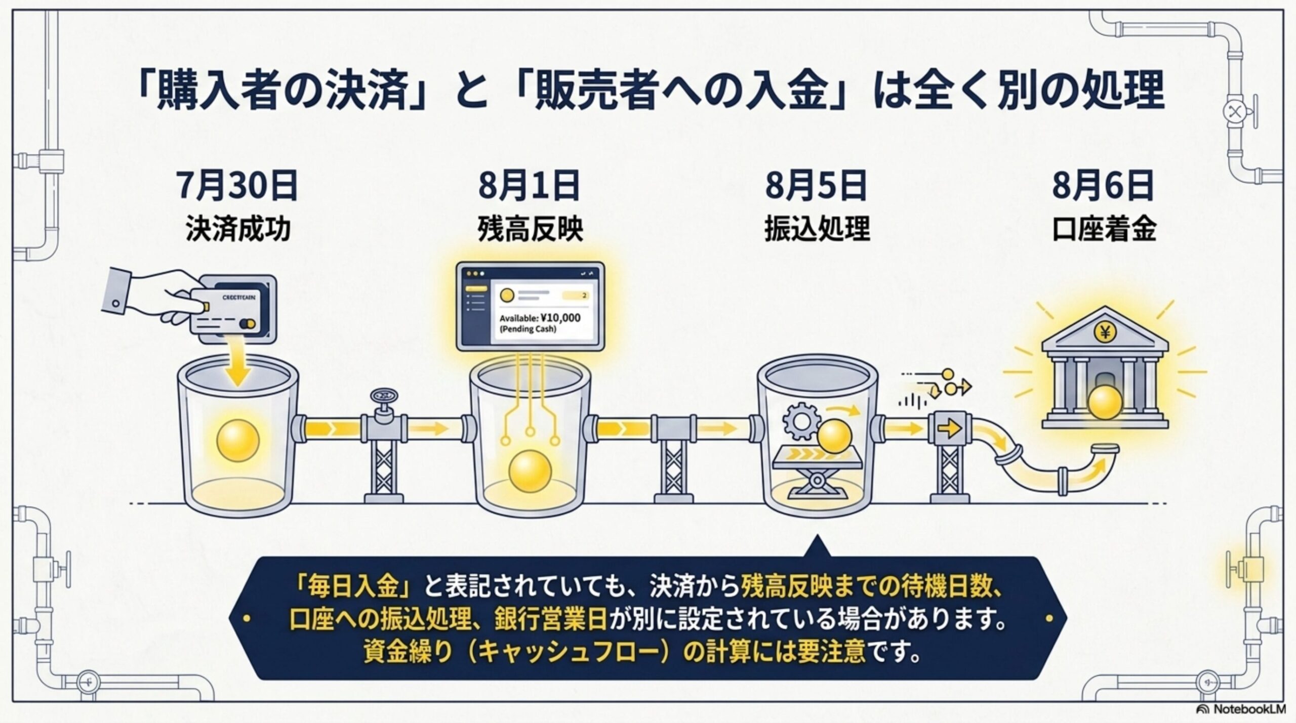 「購入者の決済」と「販売者への入金」は全く別の処理。7月30日：決済成功。8月1日：残高反映(Available:¥10,000 Pending Cash)。8月5日：振込処理。8月6日：口座着金。「毎日入金」と表記されていても、決済から残高反映までの待機日数、口座への振込処理、銀行営業日が別に設定されている場合があります。資金繰り(キャッシュフロー)の計算には要注意です