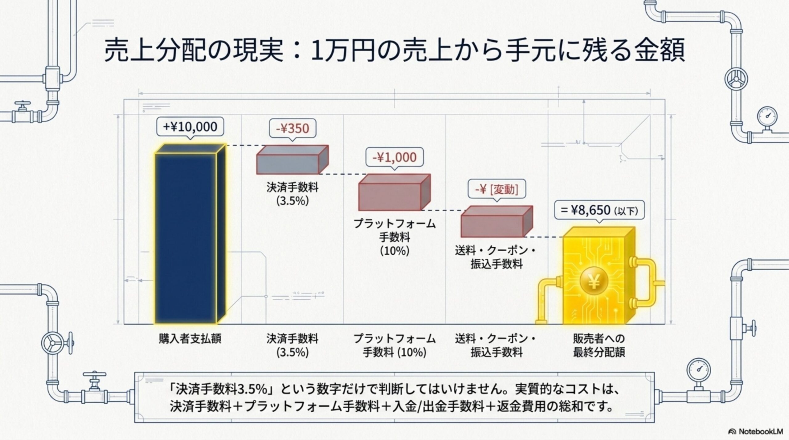 売上分配の現実：1万円の売上から手元に残る金額。購入者支払額+¥10,000→決済手数料(3.5%)-¥350→プラットフォーム手数料(10%)-¥1,000→送料・クーポン・振込手数料-¥[変動]→販売者への最終分配額=¥8,650(以下)。「決済手数料3.5%」という数字だけで判断してはいけません。実質的なコストは、決済手数料+プラットフォーム手数料+入金/出金手数料+返金費用の総和です