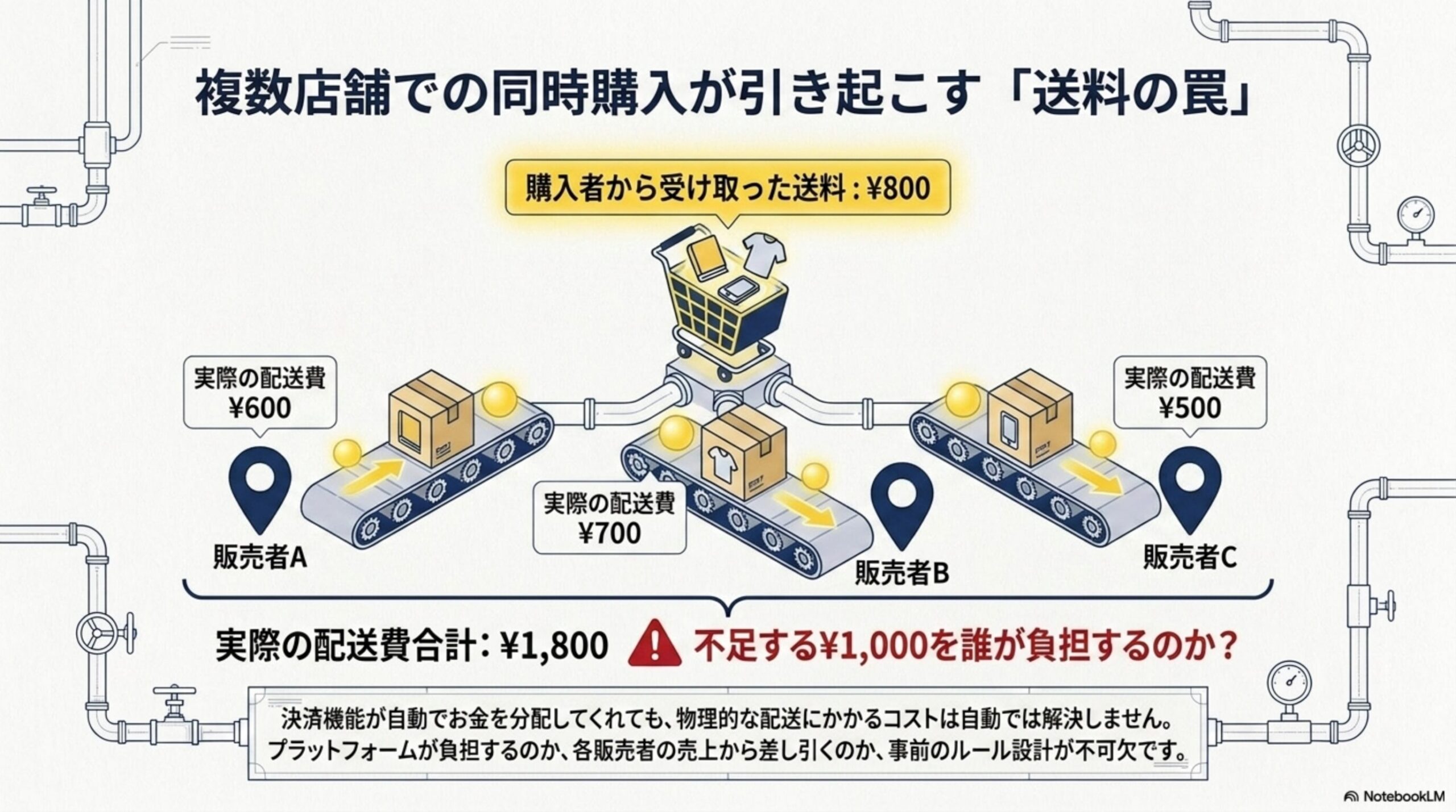 複数店舗での同時購入が引き起こす「送料の罠」。購入者から受け取った送料：¥800。実際の配送費：販売者A¥600、販売者B¥700、販売者C¥500、合計¥1,800。不足する¥1,000を誰が負担するのか？決済機能が自動でお金を分配してくれても、物理的な配送にかかるコストは自動では解決しません。プラットフォームが負担するのか、各販売者の売上から差し引くのか、事前のルール設計が不可欠です