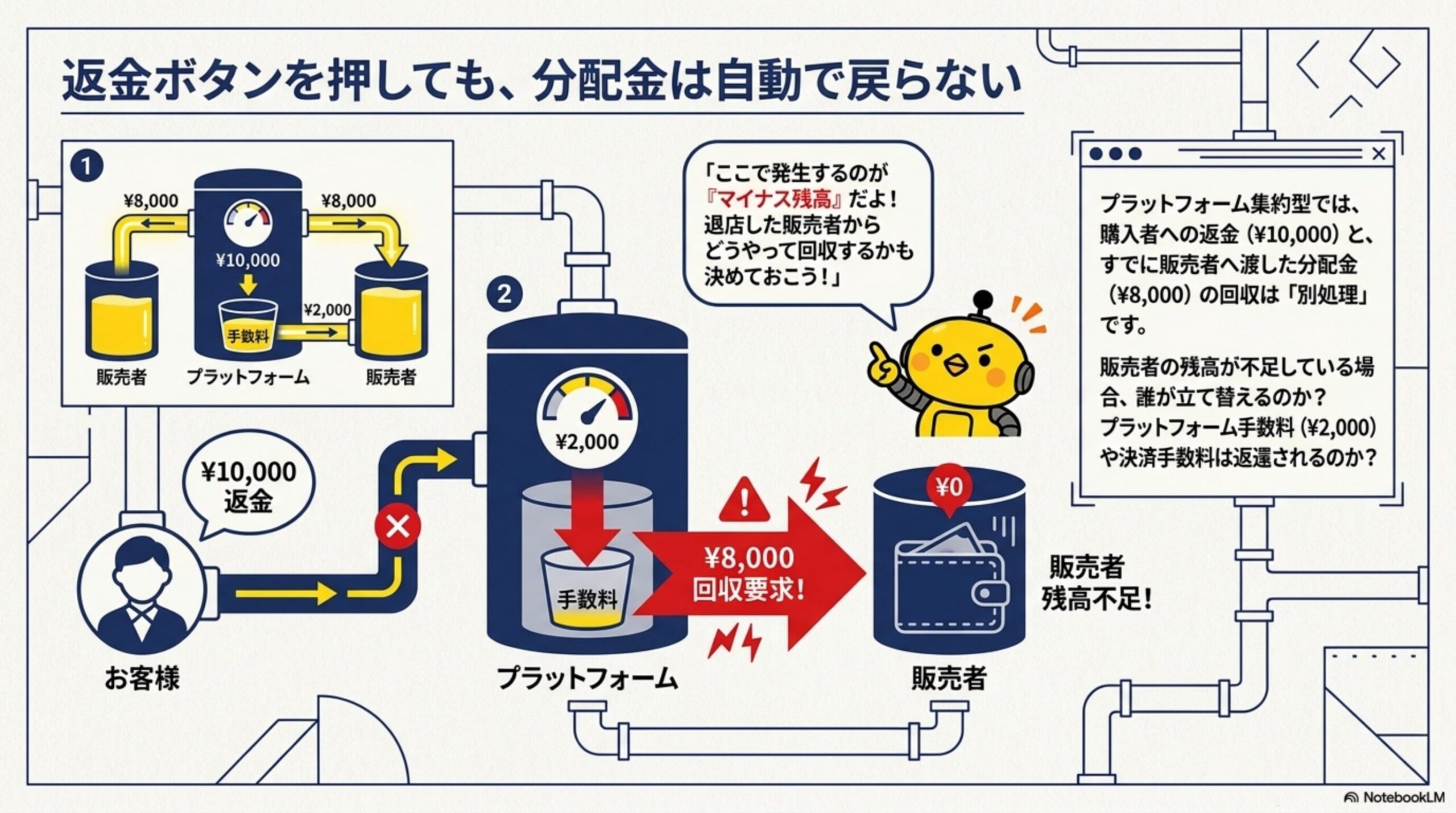 返金ボタンを押しても、分配金は自動で戻らない。①購入者支払¥10,000→プラットフォーム(手数料¥2,000)→販売者へ¥8,000分配済み。②お客様が¥10,000返金を要求→プラットフォームは販売者へ¥8,000回収要求→販売者残高不足！(¥0)。カイピヨくんの「ここで発生するのが『マイナス残高』だよ！退店した販売者からどうやって回収するかも決めておこう！」プラットフォーム集約型では、購入者への返金(¥10,000)と、すでに販売者へ渡した分配金(¥8,000)の回収は「別処理」です