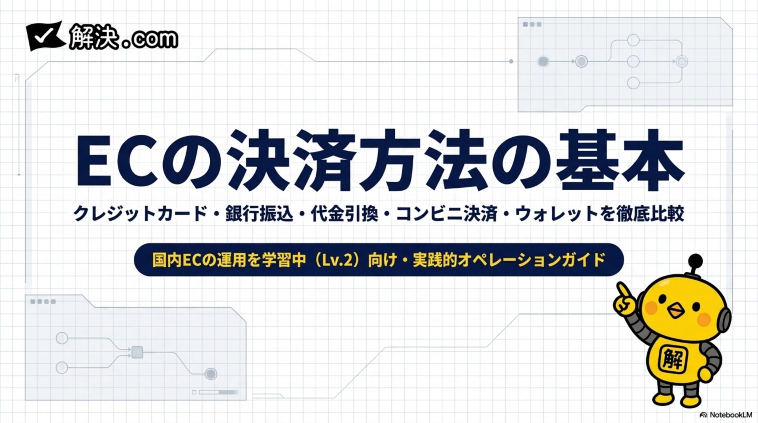 解決.com ECの決済方法の基本。クレジットカード・銀行振込・代金引換・コンビニ決済・ウォレットを徹底比較。国内ECの運用を学習中(Lv.2)向け・実践的オペレーションガイド