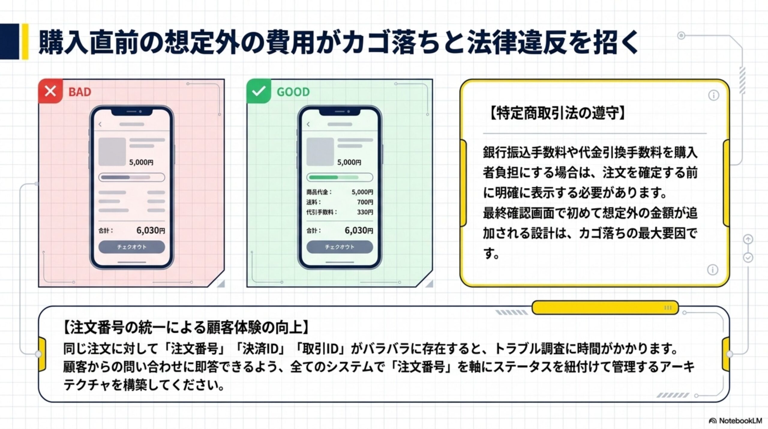 購入直前の想定外の費用がカゴ落ちと法律違反を招く。BAD：商品代金5,000円のみ表示し、合計6,030円がチェックアウト直前に初めて表示される。GOOD：商品代金・送料・代引手数料の内訳を明示してから合計6,030円を表示。【特定商取引法の遵守】銀行振込手数料や代金引換手数料を購入者負担にする場合は、注文を確定する前に明確に表示する必要があります。最終確認画面で初めて想定外の金額が追加される設計は、カゴ落ちの最大要因です。【注文番号の統一による顧客体験の向上】同じ注文に対して「注文番号」「決済ID」「取引ID」がバラバラに存在すると、トラブル調査に時間がかかります