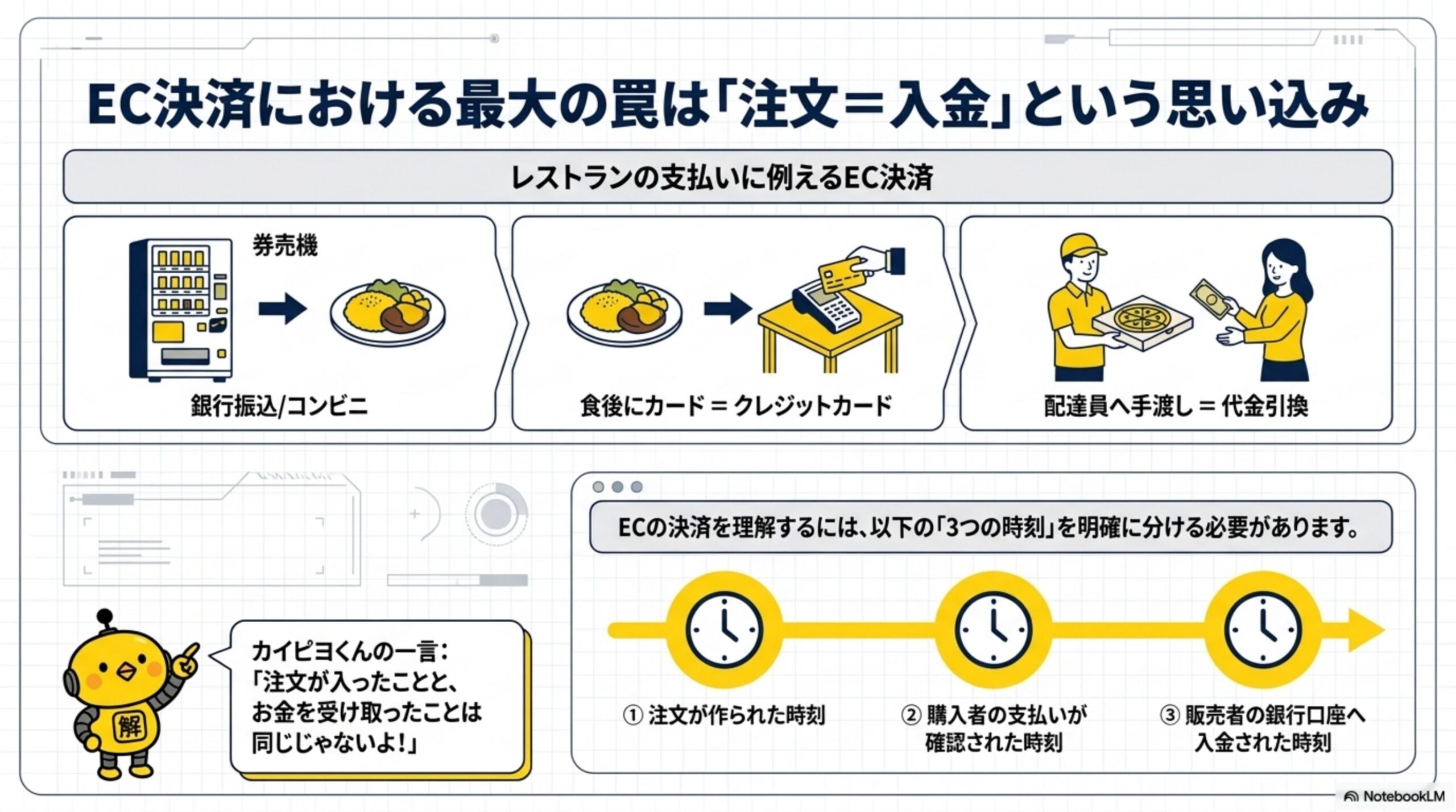 EC決済における最大の罠は「注文=入金」という思い込み。レストランの支払いに例えるEC決済：券売機(銀行振込/コンビニ)、食後にカード=クレジットカード、配達員へ手渡し=代金引換。ECの決済を理解するには、以下の「3つの時刻」を明確に分ける必要があります。①注文が作られた時刻 ②購入者の支払いが確認された時刻 ③販売者の銀行口座へ入金された時刻。カイピヨくんの「注文が入ったことと、お金を受け取ったことは同じじゃないよ！」
