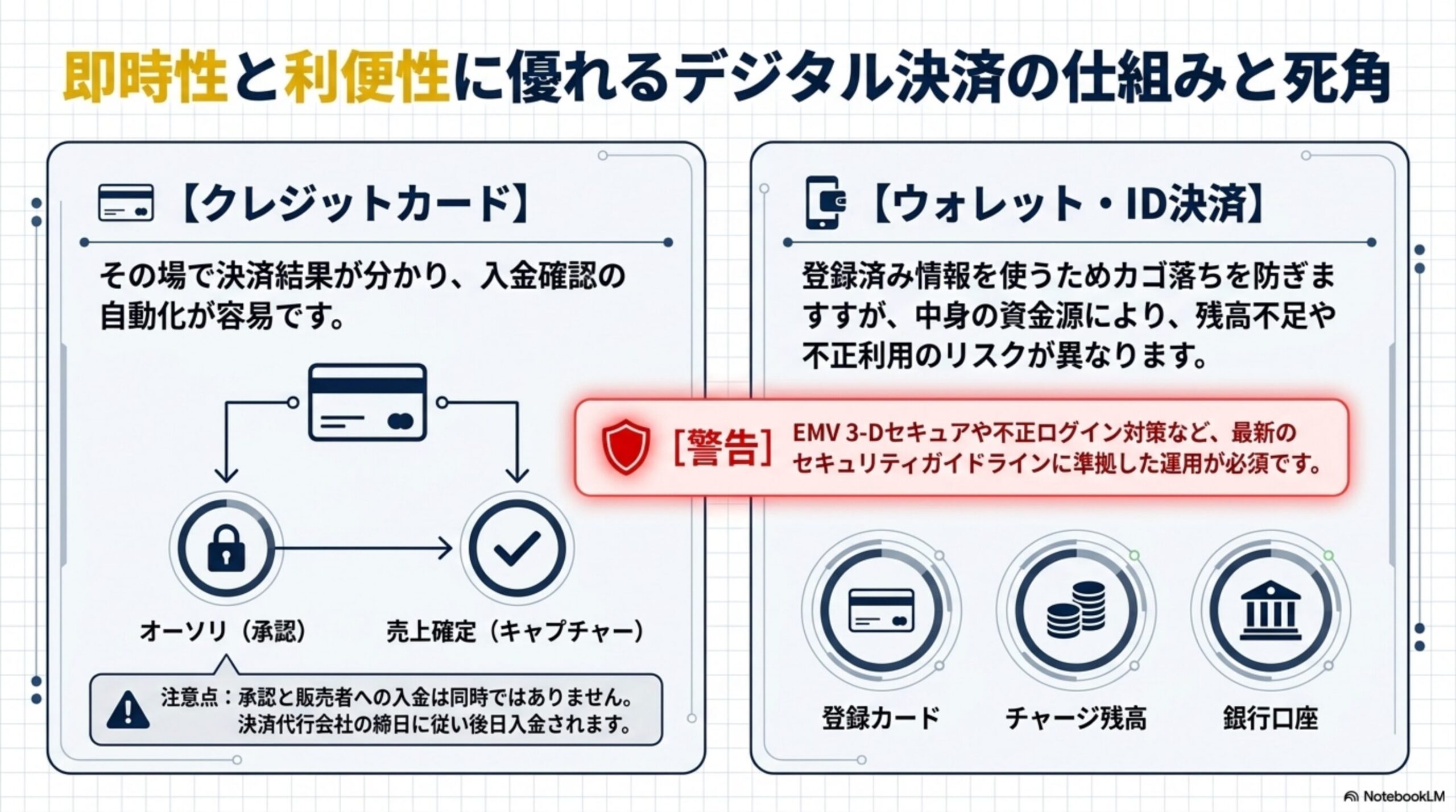 即時性と利便性に優れるデジタル決済の仕組みと死角。【クレジットカード】その場で決済結果が分かり、入金確認の自動化が容易です。オーソリ(承認)→売上確定(キャプチャー)。注意点：承認と販売者への入金は同時ではありません、決済代行会社の締日に従い後日入金されます。【ウォレット・ID決済】登録済み情報を使うためカゴ落ちを防ぎますが、中身の資金源により残高不足や不正利用のリスクが異なります(登録カード/チャージ残高/銀行口座)。警告：EMV 3-Dセキュアや不正ログイン対策など、最新のセキュリティガイドラインに準拠した運用が必須です
