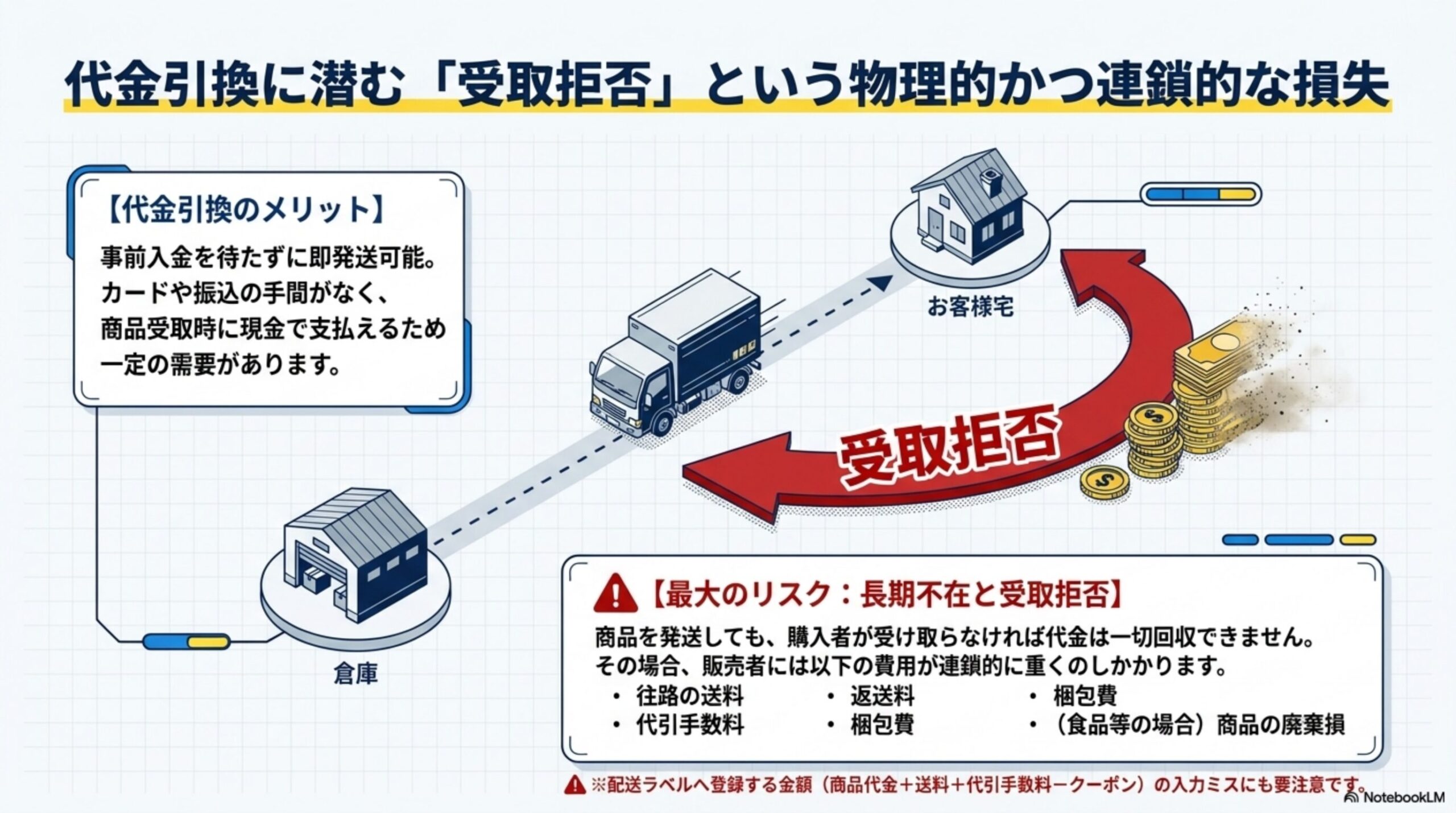 代金引換に潜む「受取拒否」という物理的かつ連鎖的な損失。【代金引換のメリット】事前入金を待たずに即発送可能。カードや振込の手間がなく、商品受取時に現金で支払えるため一定の需要があります。【最大のリスク：長期不在と受取拒否】商品を発送しても、購入者が受け取らなければ代金は一切回収できません。その場合、販売者には往路の送料・返送料・代引手数料・梱包費・(食品等の場合)商品の廃棄損が連鎖的にのしかかります