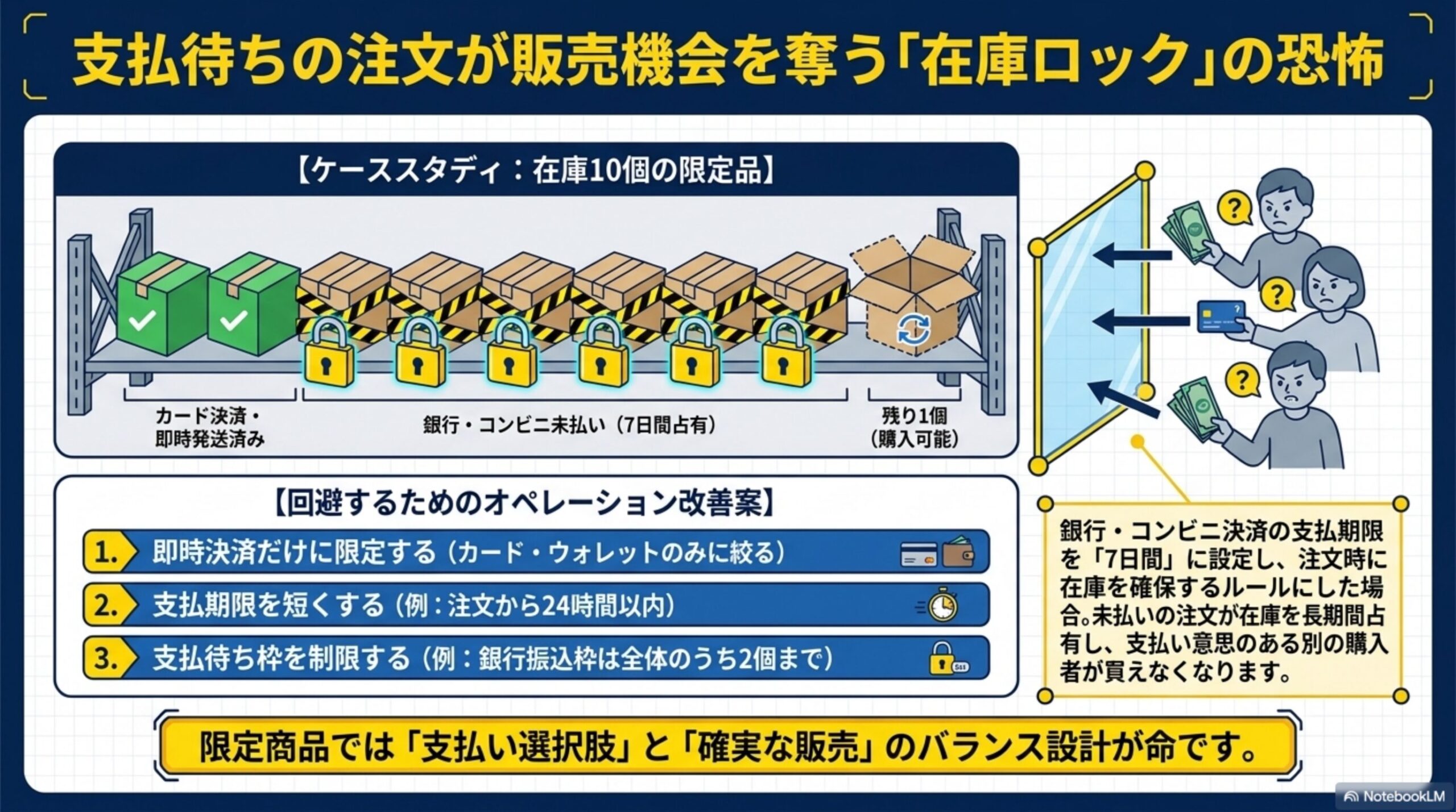 支払待ちの注文が販売機会を奪う「在庫ロック」の恐怖。ケーススタディ：在庫10個の限定品。カード決済・即時発送済み、銀行・コンビニ未払い(7日間占有)、残り1個(購入可能)。銀行・コンビニ決済の支払期限を「7日間」に設定し、注文時に在庫を確保するルールにした場合、未払いの注文が在庫を長期間占有し、支払い意思のある別の購入者が買えなくなる。回避するためのオペレーション改善案：1.即時決済だけに限定する 2.支払期限を短くする(例：注文から24時間以内) 3.支払待ち枠を制限する(例：銀行振込枠は全体のうち2個まで)。限定商品では「支払い選択肢」と「確実な販売」のバランス設計が命です