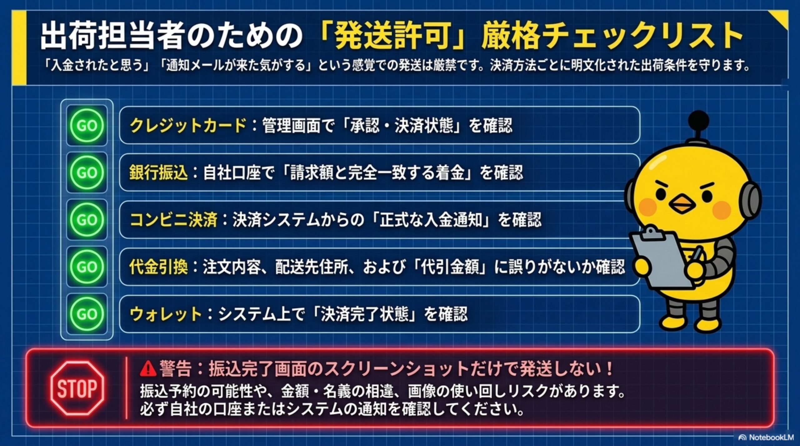 出荷担当者のための「発送許可」厳格チェックリスト。「入金されたと思う」「通知メールが来た気がする」という感覚での発送は厳禁です。決済方法ごとに明文化された出荷条件を守ります。クレジットカード：管理画面で「承認・決済状態」を確認。銀行振込：自社口座で「請求額と完全一致する着金」を確認。コンビニ決済：決済システムからの「正式な入金通知」を確認。代金引換：注文内容、配送先住所、および「代引金額」に誤りがないか確認。ウォレット：システム上で「決済完了状態」を確認。警告：振込完了画面のスクリーンショットだけで発送しない！振込予約の可能性や、金額・名義の相違、画像の使い回しリスクがあります。必ず自社の口座またはシステムの通知を確認してください