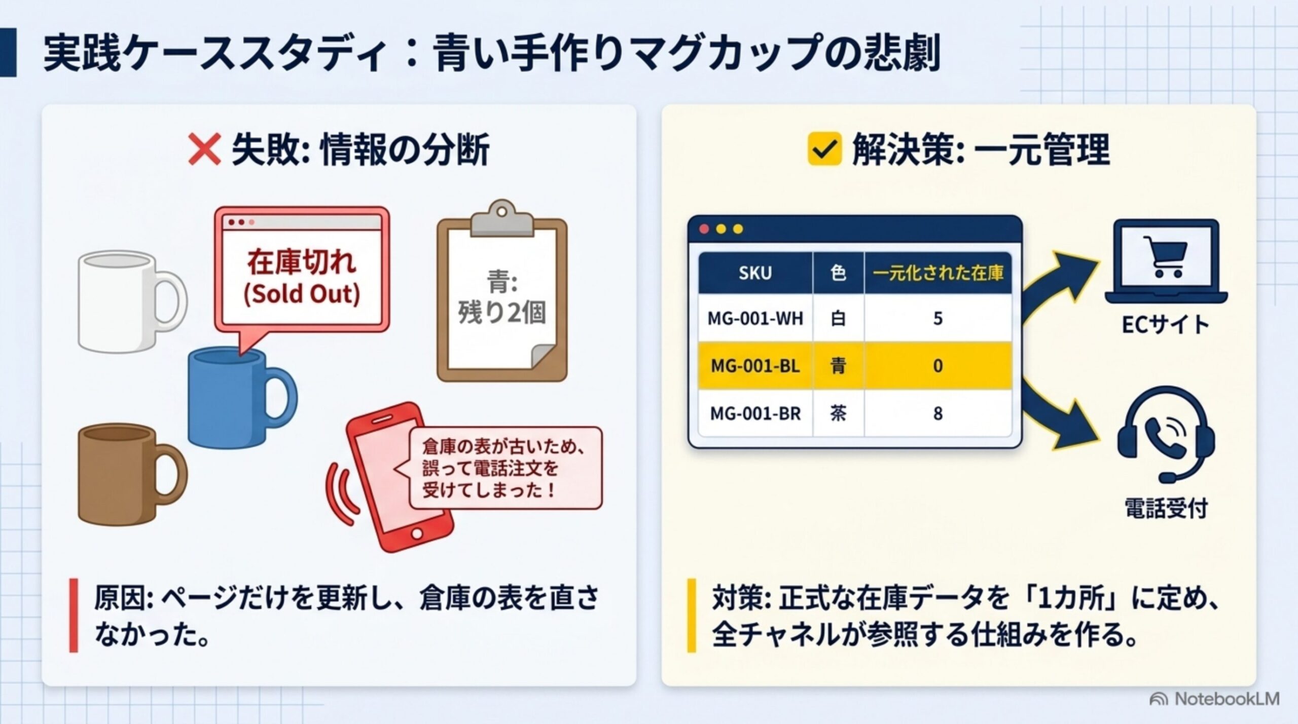 実践ケーススタディ：青い手作りマグカップの悲劇。失敗：情報の分断（商品ページには在庫切れSold Outと表示、倉庫の紙には青：残り2個、倉庫の表が古いため誤って電話注文を受けてしまった）。原因：ページだけを更新し、倉庫の表を直さなかった。解決策：一元管理（SKU別に一元化された在庫をECサイトと電話受付の両方が参照する仕組み：MG-001-WH白5、MG-001-BL青0、MG-001-BR茶8）。対策：正式な在庫データを1カ所に定め、全チャネルが参照する仕組みを作る