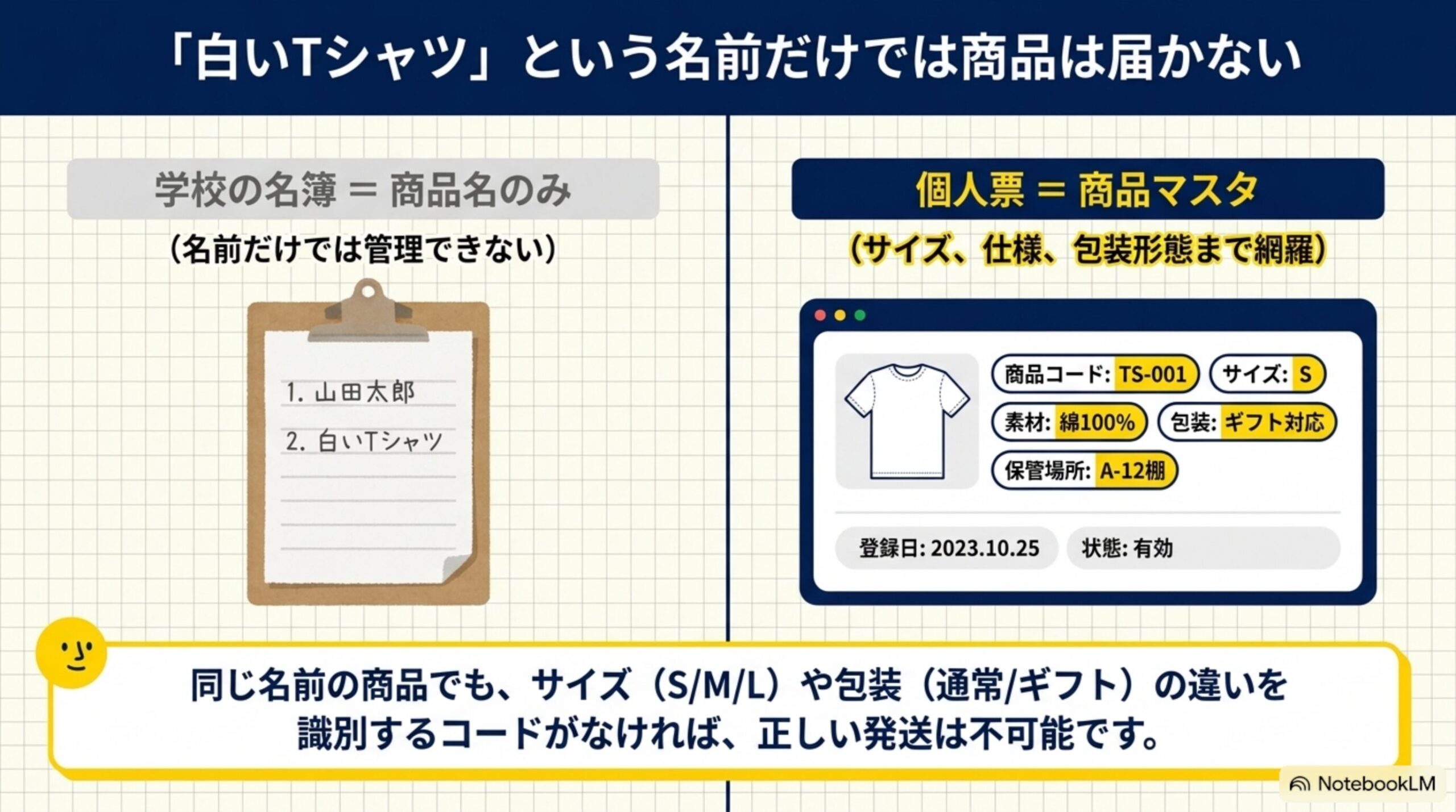 「白いTシャツ」という名前だけでは商品は届かない。学校の名簿＝商品名のみ（名前だけでは管理できない）と、個人票＝商品マスタ（サイズ、仕様、包装形態まで網羅：商品コードTS-001、サイズS、素材綿100%、包装ギフト対応、保管場所A-12棚）を対比。同じ名前の商品でも、サイズや包装の違いを識別するコードがなければ正しい発送は不可能