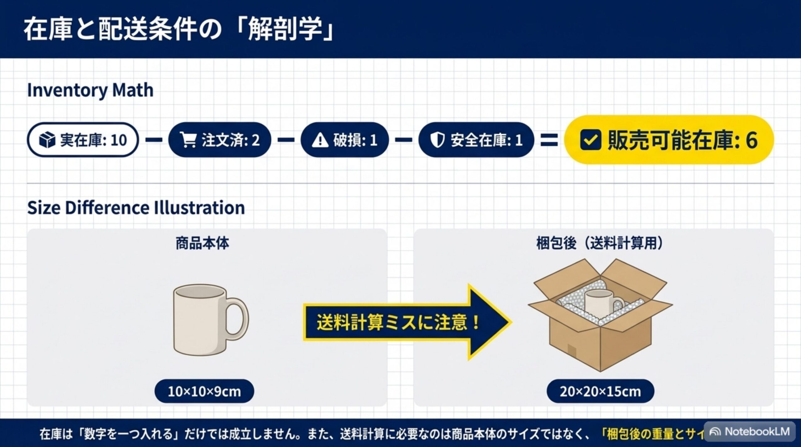 在庫と配送条件の解剖学。Inventory Math：実在庫10－注文済み引当2－破損1－安全在庫1＝販売可能在庫6。Size Difference Illustration：商品本体10cm×10cm×9cmのマグカップと、梱包後（送料計算用）20cm×20cm×15cmを比較。在庫は数字を一つ入れるだけでは成立せず、送料計算に必要なのは商品本体のサイズではなく梱包後の重量とサイズ
