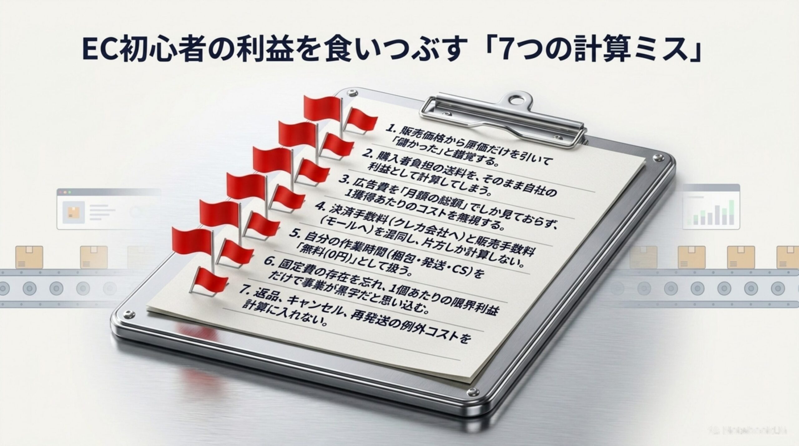 EC初心者の利益を食いつぶす「7つの計算ミス」。1.販売価格から原価だけを引いて儲かったと錯覚する。2.購入者負担の送料をそのまま自社の利益として計算してしまう。3.広告費を月額の総額でしか見ておらず1獲得あたりのコストを無視する。4.決済手数料とモールへの販売手数料を混同し片方しか計算しない。5.自分の作業時間（梱包・発送・CS）を無料として扱う。6.固定費の存在を忘れ1個あたりの限界利益だけで事業が黒字だと思い込む。7.返品、キャンセル、再発送の例外コストを計算に入れない