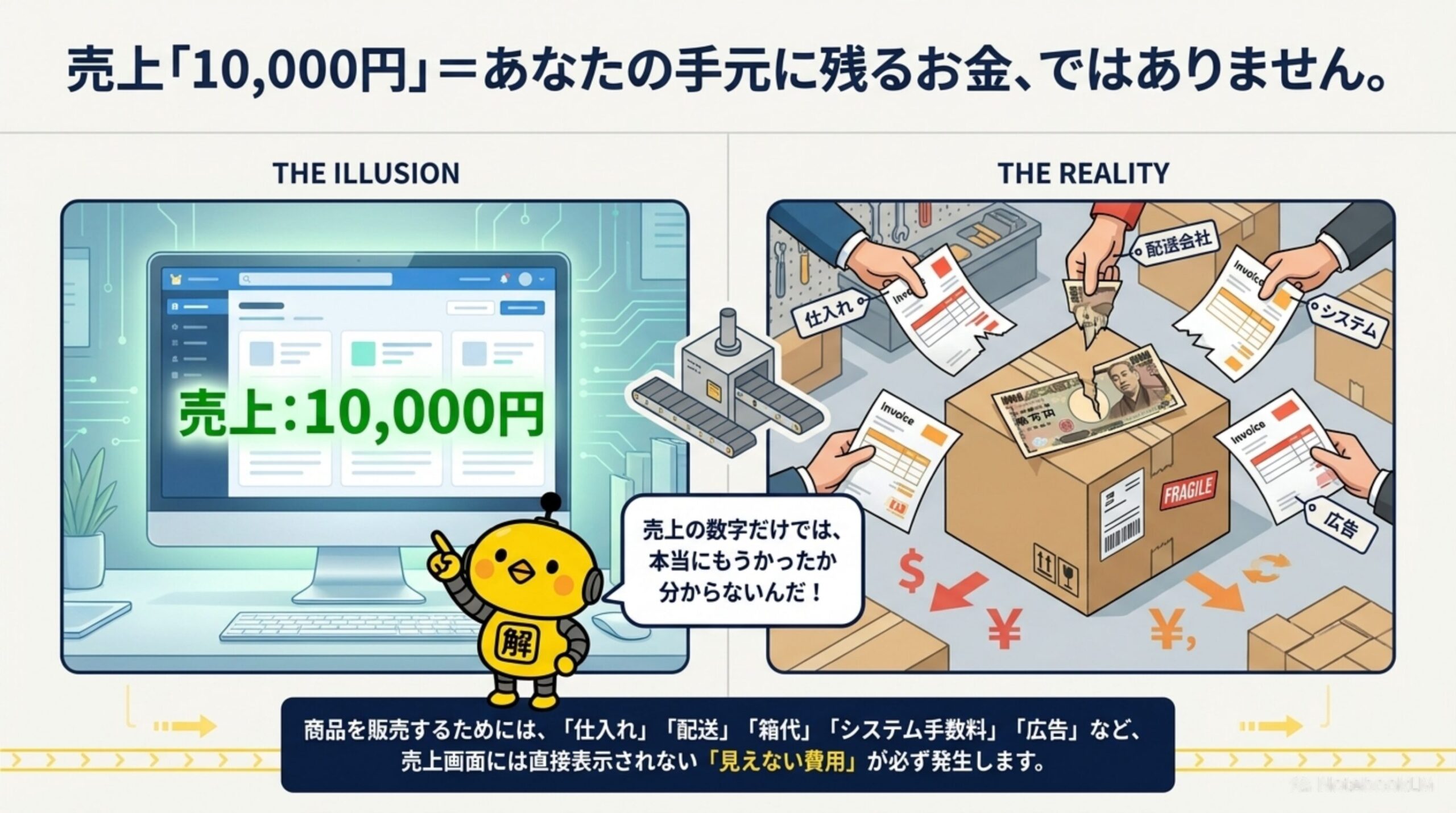 売上「10,000円」＝あなたの手元に残るお金、ではありません。商品を販売するためには「仕入れ」「配送」「箱代」「システム手数料」「広告」など、売上画面には直接表示されない見えない費用が必ず発生する