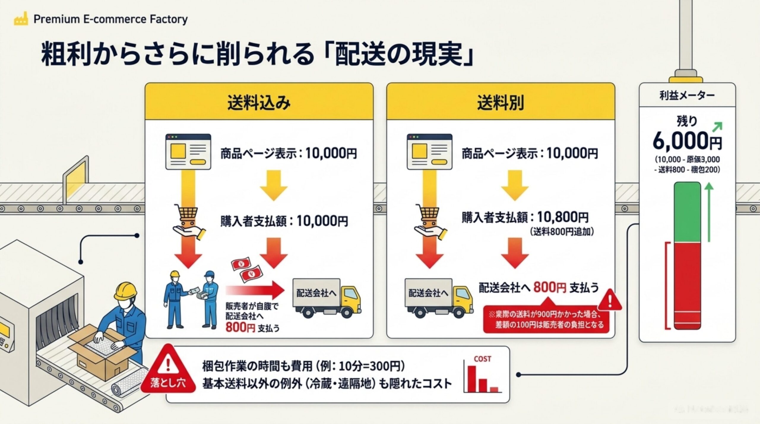 粗利からさらに削られる「配送の現実」。送料込みでは商品ページ表示・購入者支払額ともに10,000円で、販売者が自腹で配送会社へ800円支払う。送料別では購入者支払額10,800円のうち800円を配送会社へ支払うが、実際の送料が900円かかった場合は差額100円が販売者の負担となる。梱包作業の時間も費用（例:10分=300円）で、基本送料以外の例外（冷蔵・遠隔地）も隠れたコスト