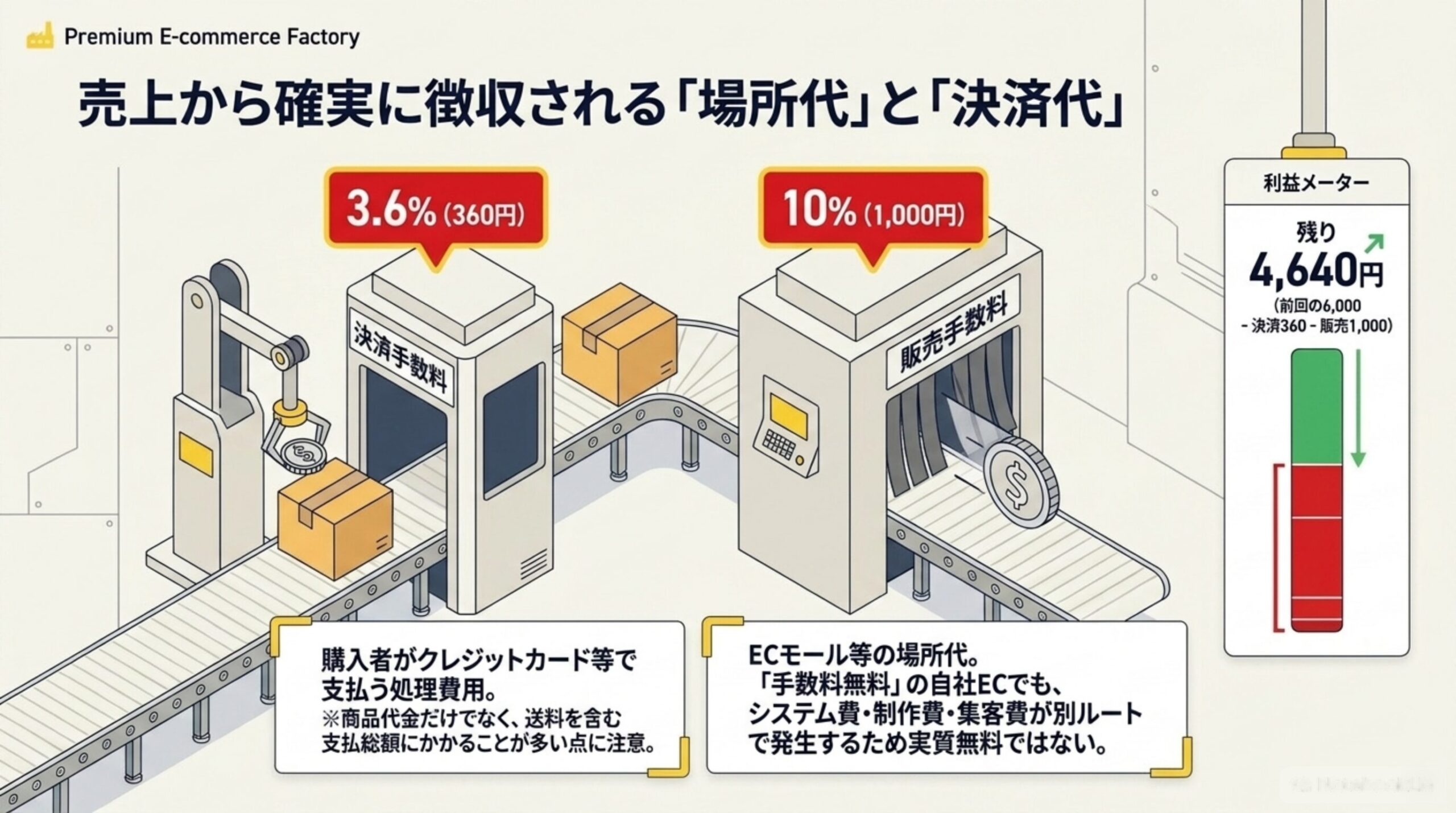売上から確実に徴収される「場所代」と「決済代」。決済手数料3.6%(360円)は購入者がクレジットカード等で支払う処理費用。商品代金だけでなく送料を含む支払総額にかかることが多い点に注意。販売手数料10%(1,000円)はECモール等の場所代で、手数料無料の自社ECでもシステム費・制作費・集客費が別ルートで発生するため実質無料ではない。利益メーターは残り4,640円