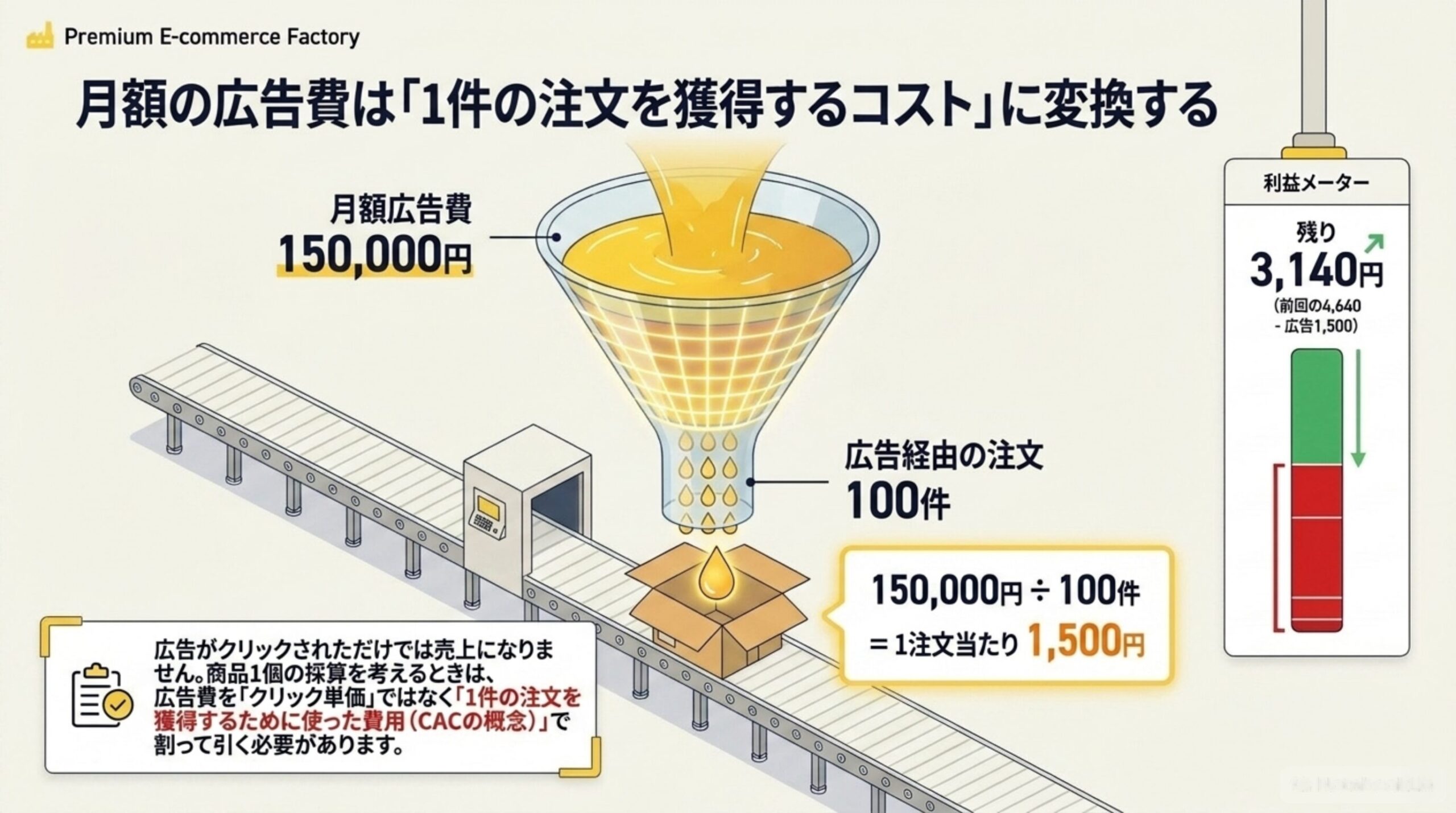 月額の広告費は「1件の注文を獲得するコスト」に変換する。月額広告費150,000円÷広告経由の注文100件＝1注文当たり1,500円。広告がクリックされただけでは売上になりません。商品1個の採算を考えるときは、広告費をクリック単価ではなく1件の注文を獲得するために使った費用（CACの概念）で割って引く必要がある。利益メーターは残り3,140円