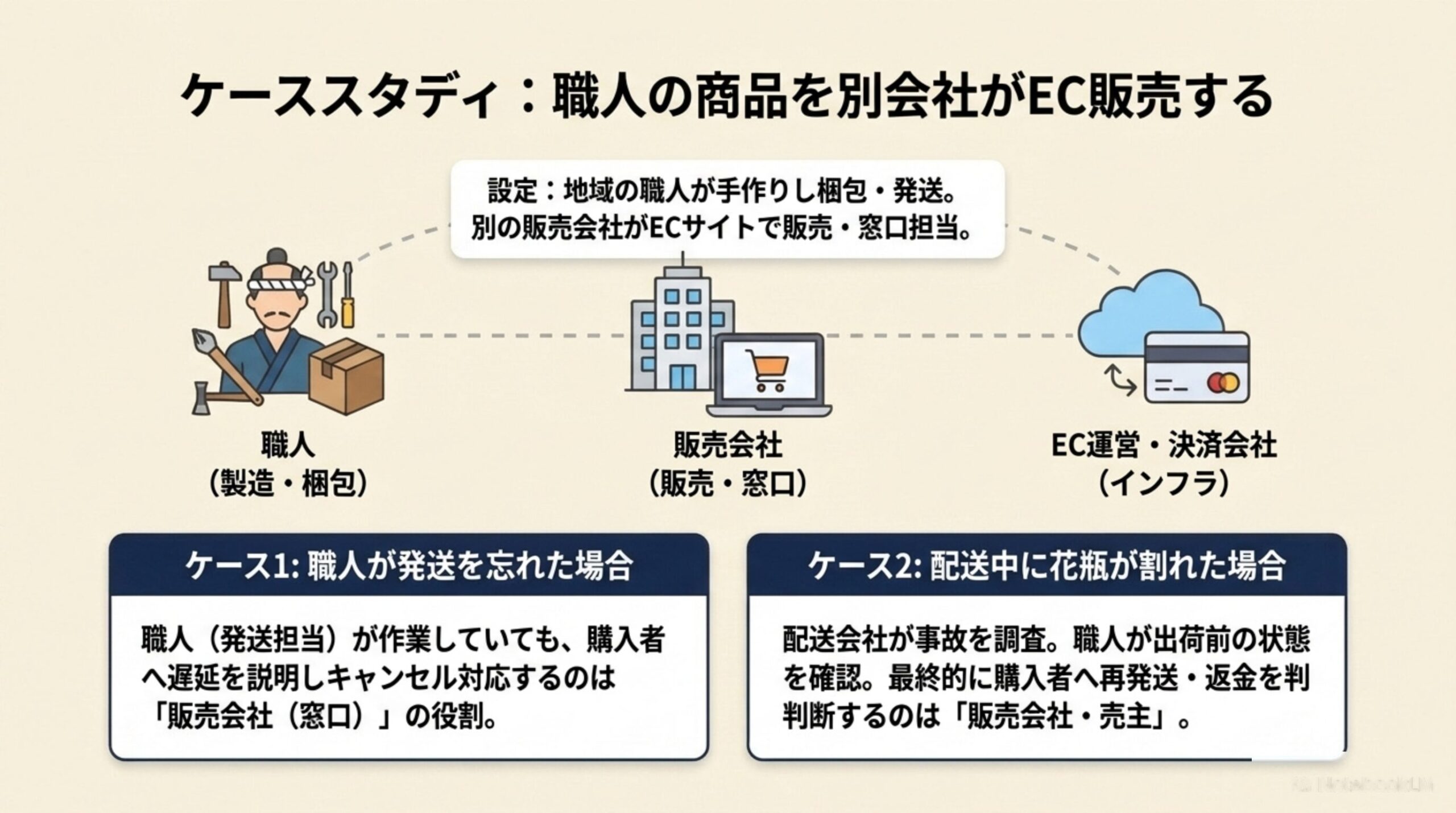 ケーススタディ：職人の商品を別会社がEC販売する。地域の職人が手作りし梱包・発送、別の販売会社がECサイトで販売・窓口担当。ケース1：職人が発送を忘れた場合は販売会社（窓口）が購入者へ説明。ケース2：配送中に花瓶が割れた場合は配送会社が事故調査、職人が出荷前状態を確認、最終的に販売会社・売主が再発送・返金を判断