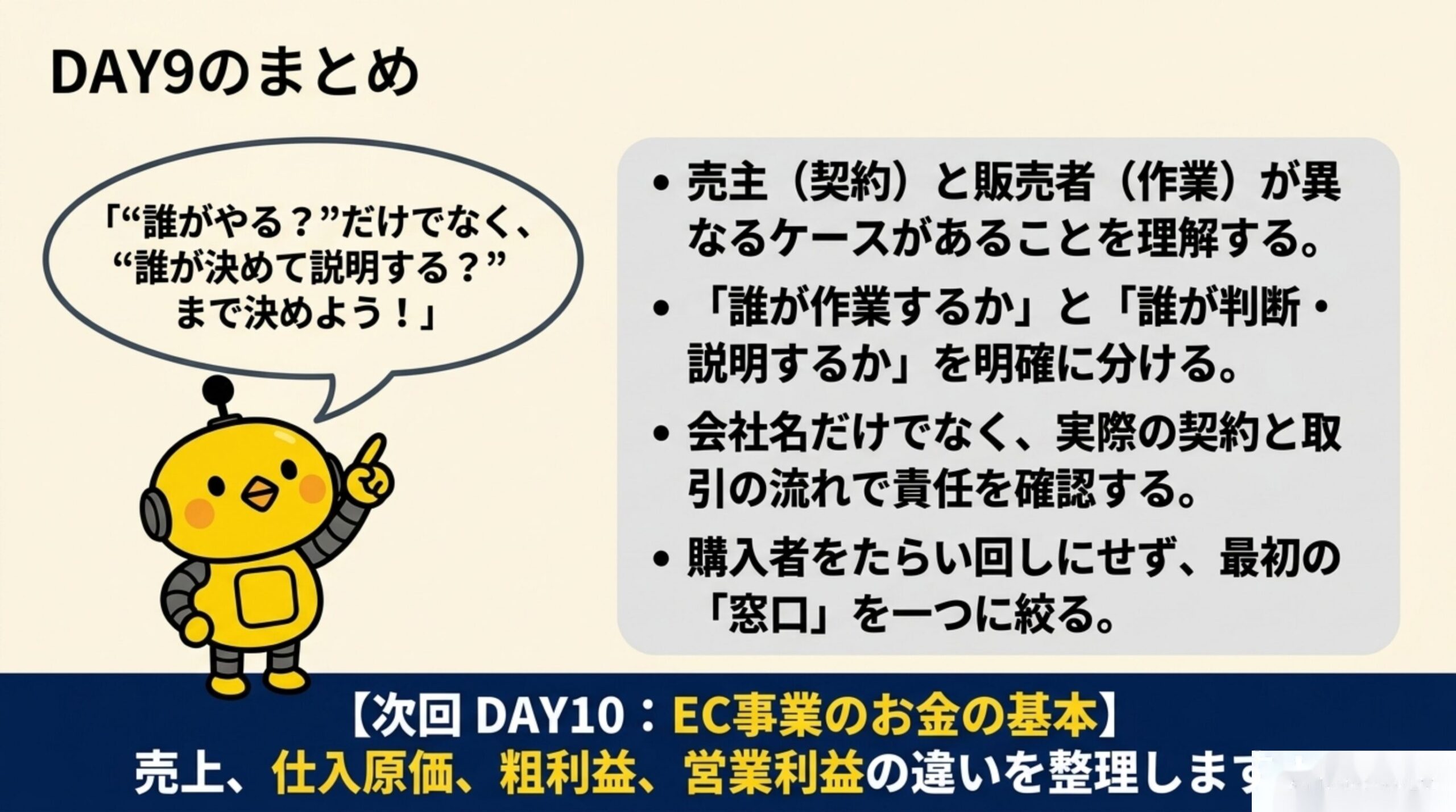 DAY9のまとめ：売主（契約）と販売者（作業）が異なるケースがあることを理解する。誰が作業するかと誰が判断・説明するかを明確に分ける。会社名だけでなく実際の契約と取引の流れで責任を確認する。購入者をたらい回しにせず最初の窓口を一つに絞る。次回DAY10予告：EC事業のお金の基本